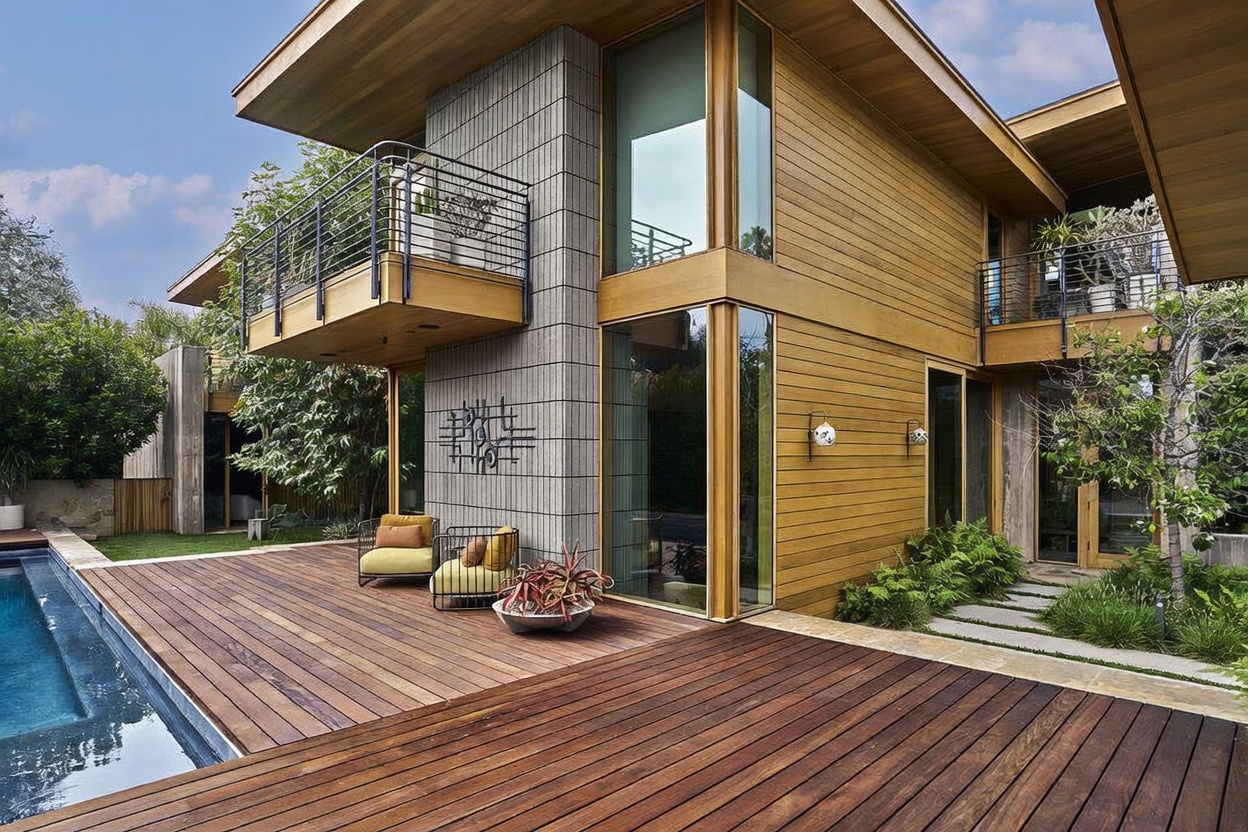 This modern architectural home features a striking combination of warm wood siding and a textured gray stone-clad pillar. A spacious wooden deck surrounds a sleek swimming pool, creating a seamless transition between indoor and outdoor living spaces. The design includes a cantilevered balcony with a metal railing and large windows that provide a bright, open aesthetic.