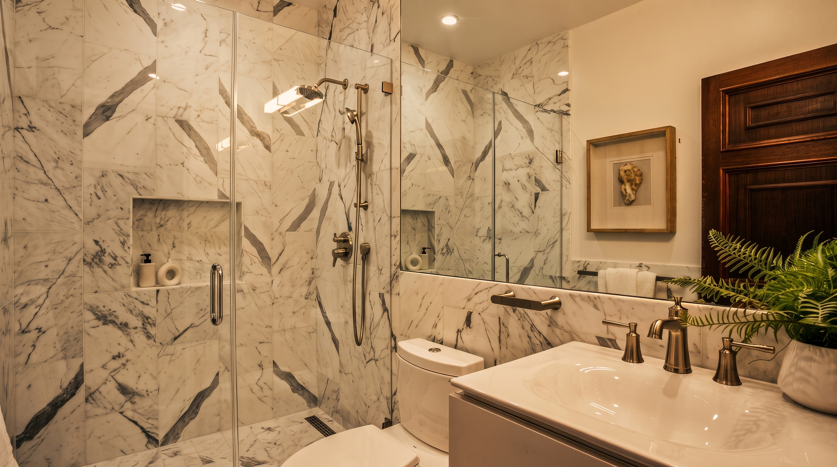 This modern bathroom features a walk-in shower enclosed by glass, showcasing light-colored stone tile with prominent veining on both the walls and floor. A white vanity with a sleek faucet sits adjacent to a white toilet, while a large mirror above the vanity enhances the sense of space. The room is accented by a framed piece of wall art and a potted plant, creating a clean and sophisticated aesthetic.