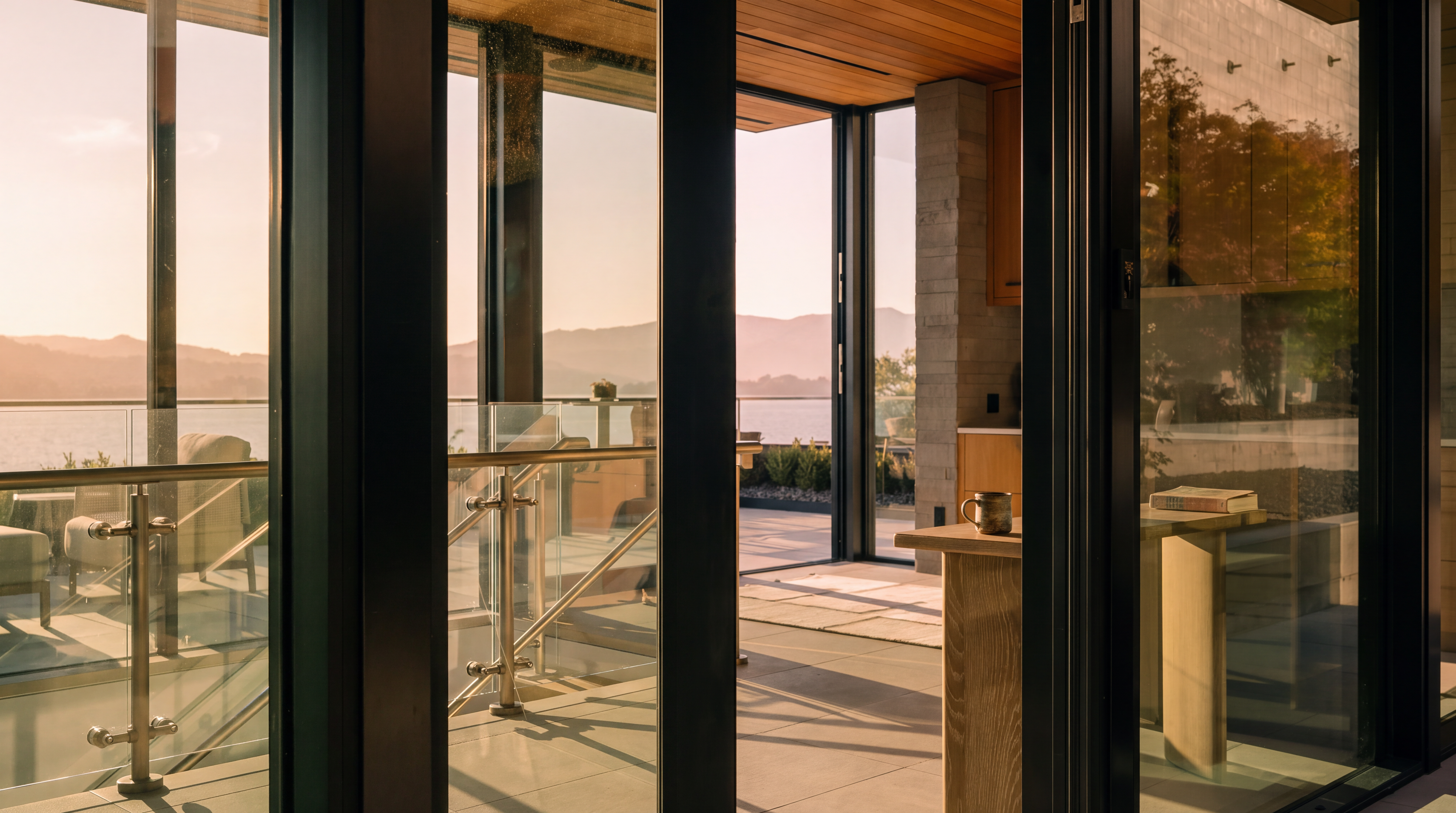 This view captures a seamless transition between an indoor living space and an expansive outdoor deck through large, dark-framed glass doors. The deck features a modern glass railing that overlooks a serene body of water and distant mountains, creating a sophisticated indoor-outdoor living experience. The scene is framed by a warm wood-paneled ceiling and stone accents, emphasizing a contemporary architectural style.
