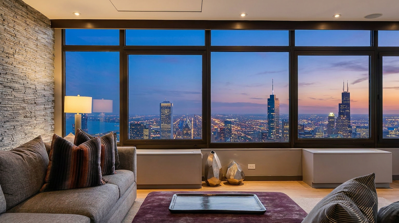 This sophisticated living room features a plush gray sofa with striped accent pillows and a large, deep-toned velvet ottoman centered in the space. A striking wall of stacked stone adds texture to the room, while expansive windows provide a breathtaking, panoramic view of the Chicago skyline and Lake Michigan. The interior design is modern and refined, emphasizing the dramatic urban backdrop as the primary focal point.