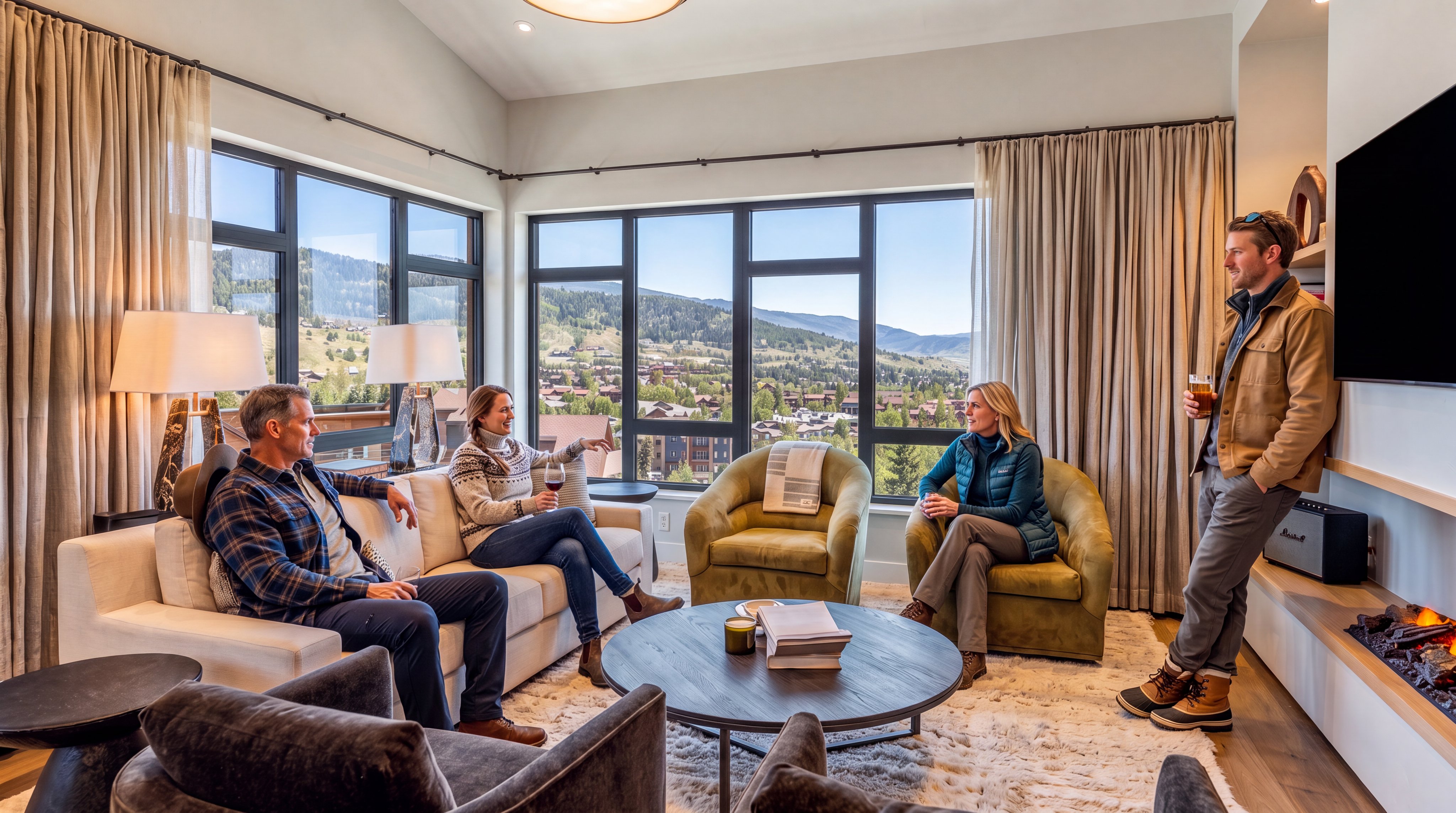 This sophisticated living room features a vaulted ceiling and expansive windows that frame a scenic mountain view. The space is furnished with a plush cream sofa, two olive-toned armchairs, and a pair of dark velvet swivel chairs arranged around a circular coffee table. A linear electric fireplace is integrated into a custom wall unit with open shelving, creating a warm and inviting atmosphere.