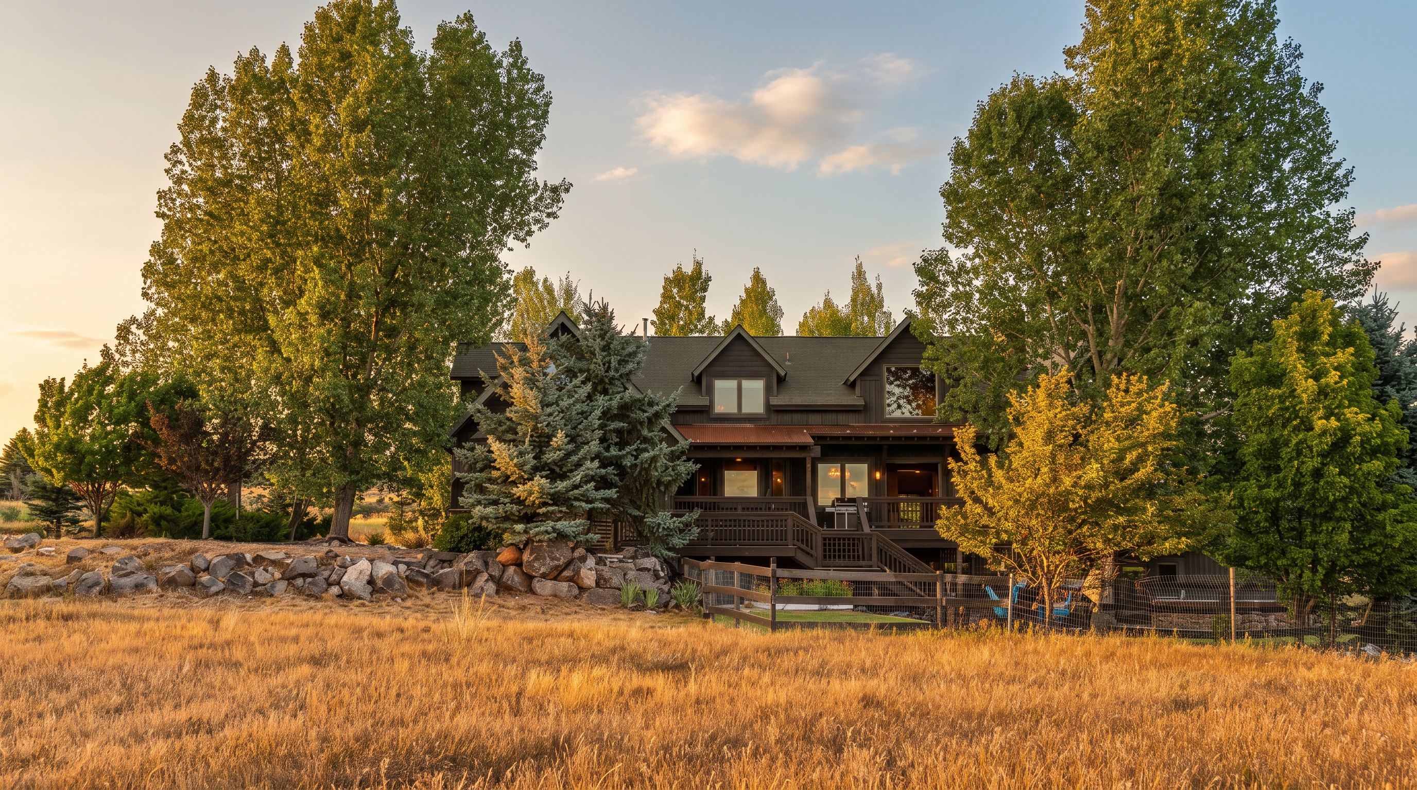 This scenic exterior shot showcases a multi-level wood-sided home nestled in a rural landscape with a large deck and metal roofing. The property is surrounded by dense, mature trees and a rustic stone retaining wall, emphasizing a private, mountain-inspired aesthetic. In the foreground, a dry field and a wooden fence line frame the residence, contributing to its charming and secluded rural appeal.