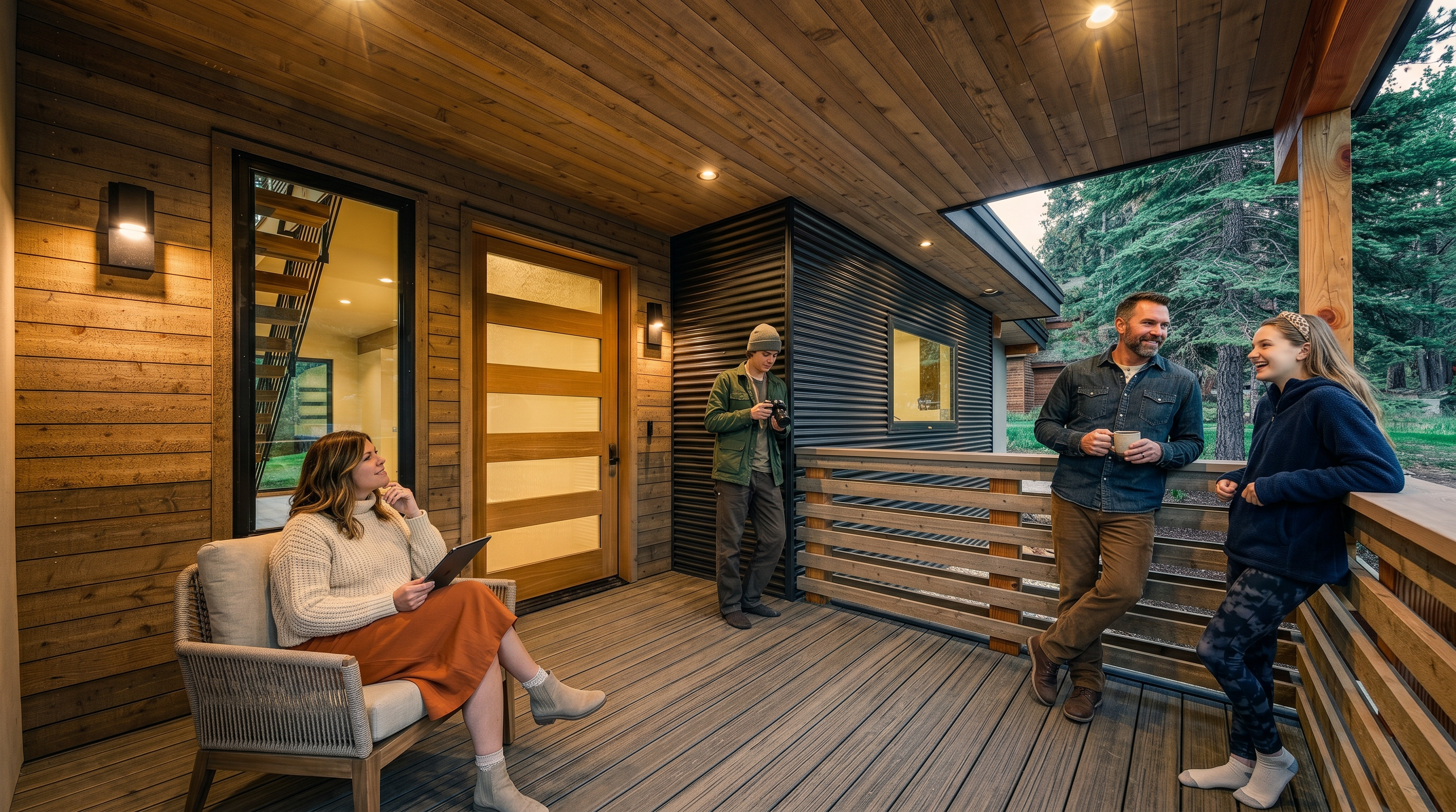 This modern entryway features a covered deck with horizontal wood plank siding and a striking corrugated metal accent wall. A contemporary front door with horizontal glass panels is flanked by a large window that provides a glimpse into the interior staircase. The space is illuminated by recessed ceiling lights and wall-mounted sconces, creating a warm and inviting atmosphere.