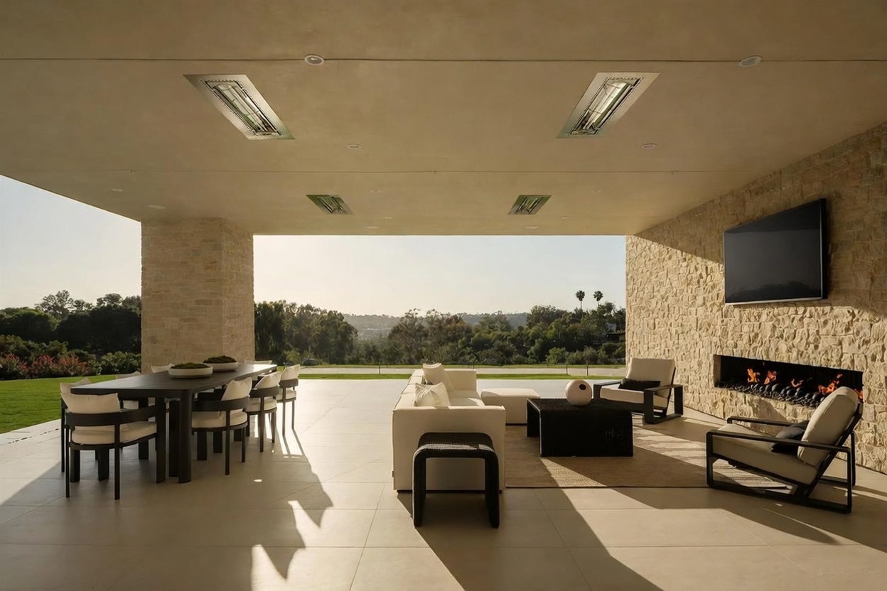 This expansive covered outdoor living space features a seamless transition to a scenic landscape, highlighted by a stone-clad wall with a linear fireplace and a mounted television. The area is furnished with a contemporary dining set on one side and a comfortable lounge arrangement on the other, all set against a backdrop of lush greenery. Recessed heaters are integrated into the ceiling, ensuring comfort while enjoying the open-air design.