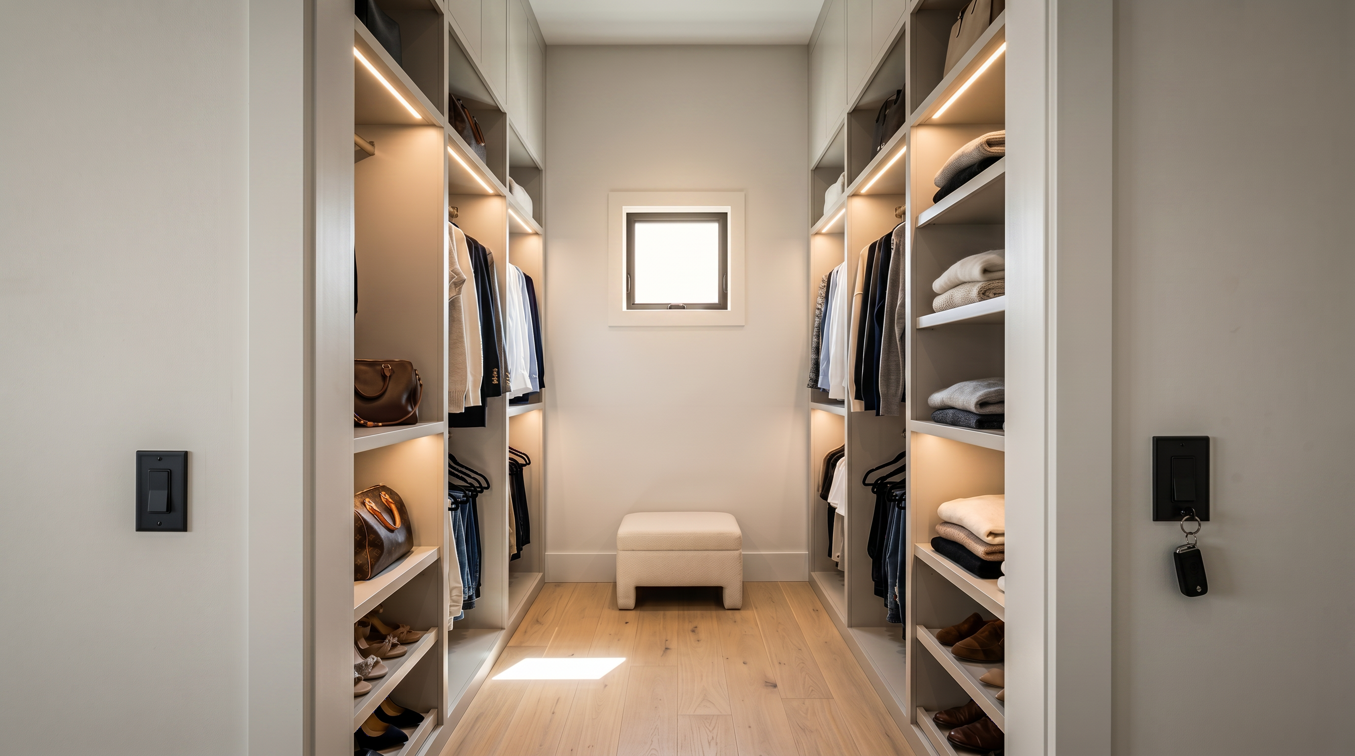 This image shows an unfinished, small interior space currently in the drywall construction phase, likely intended for a walk-in closet or small storage room. It features a central square window that provides natural light and visible electrical wiring boxes on both side walls. The bare, unpainted walls and raw floor indicate that the room is ready for final finishes, such as flooring, trim, and shelving installation.