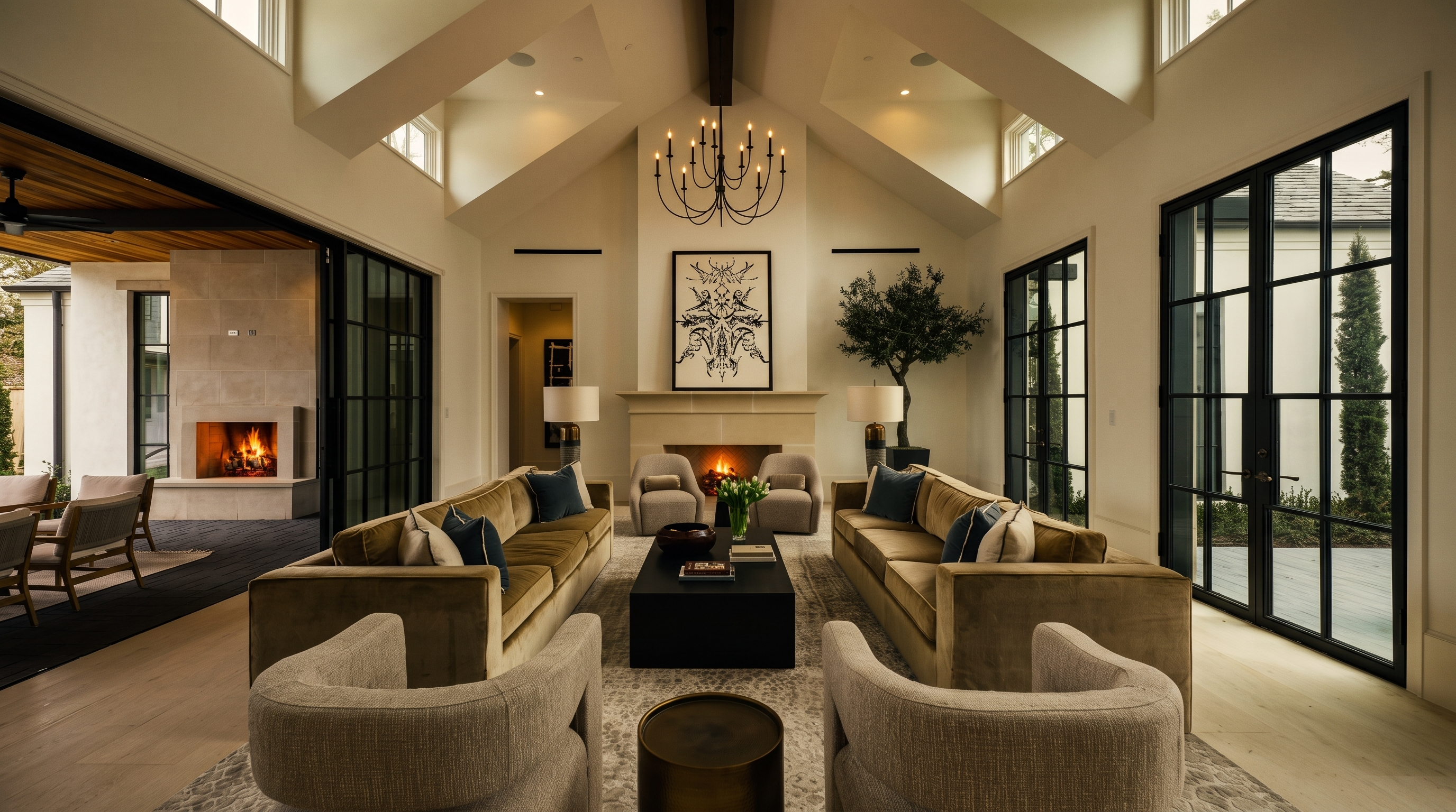 This expansive, symmetrical living room features a vaulted ceiling with a central exposed beam and a striking black chandelier. The space is anchored by a fireplace with a stone surround and a large abstract art piece, flanked by two velvet sofas and four accent chairs. Large, black-framed glass doors on either side provide abundant natural light and views of the outdoor areas, creating a sophisticated and airy atmosphere.
