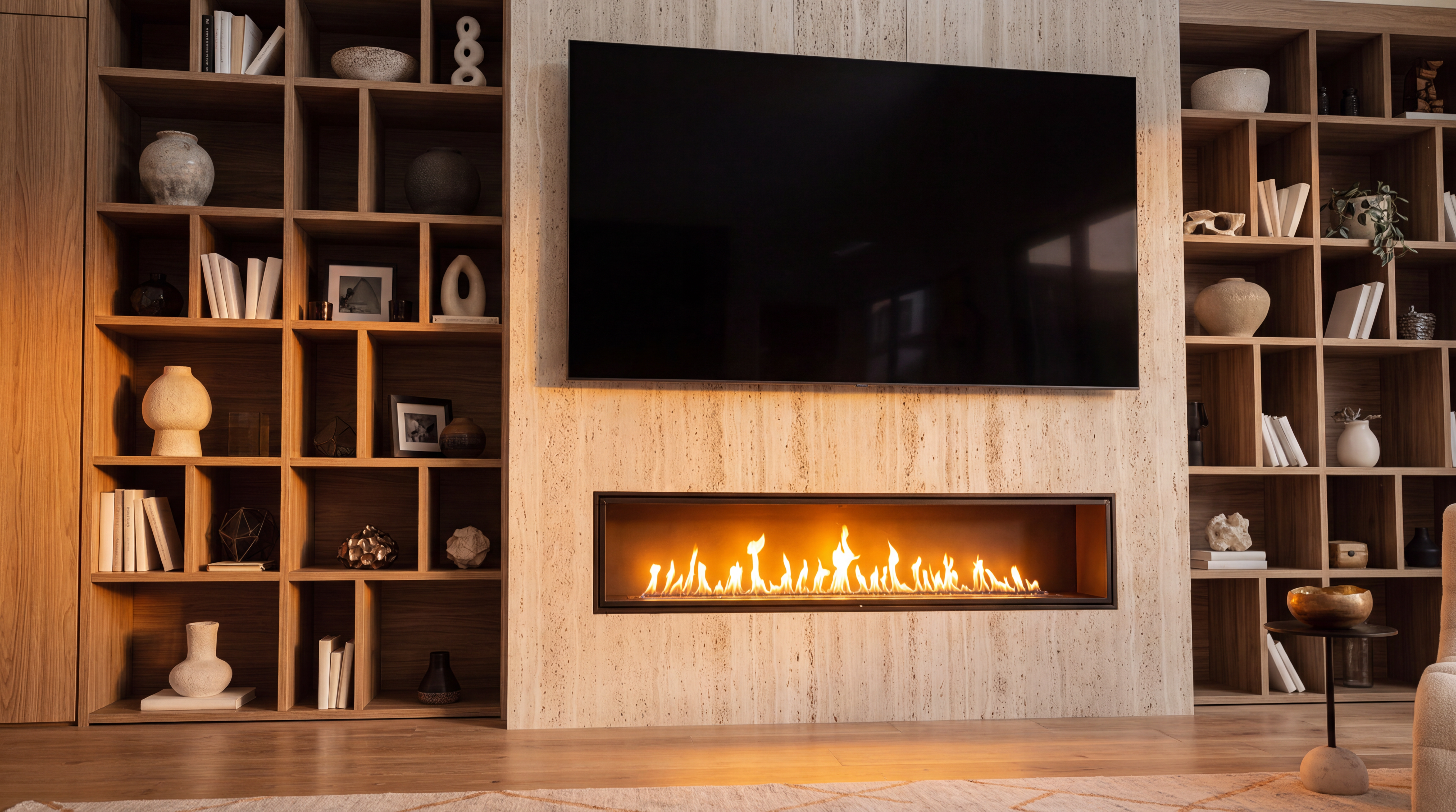 This living room features a striking, full-height travertine stone fireplace wall accented by a built-in linear fireplace and an integrated wall-mounted television. Flanking the fireplace are custom-built wooden shelving units styled with minimalist decor, creating a sophisticated and warm focal point. The design balances modern vertical clean lines with natural textures, offering a luxurious and inviting atmosphere.