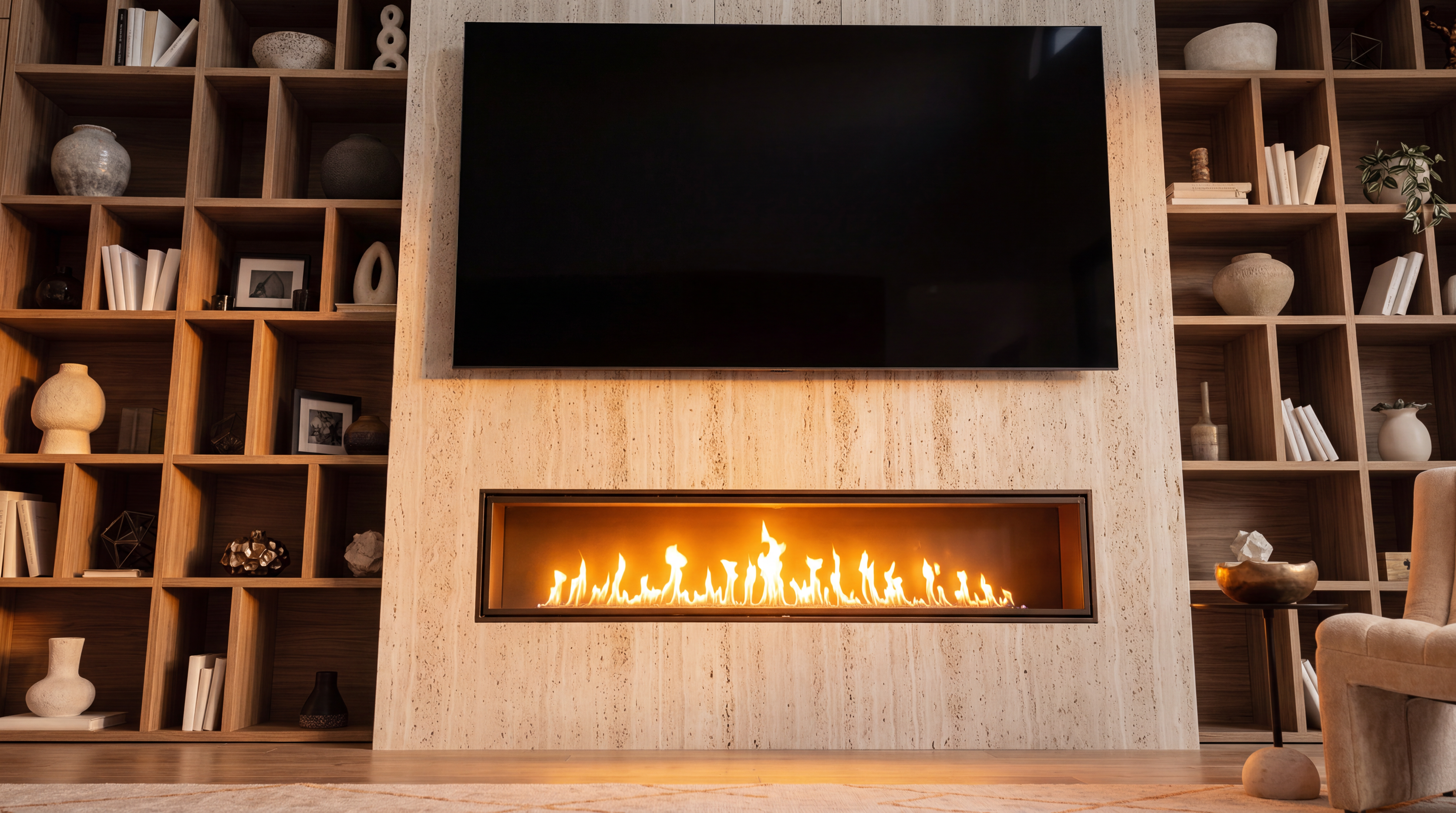 This living room features a sophisticated, modern design centered around a dramatic linear fireplace encased in textured, light-toned stone. The fireplace wall is flanked by spacious, custom-built wooden shelving filled with curated decor, books, and art, creating a balanced and high-end aesthetic. A large, mounted television and soft, warm ambient lighting complete the cozy yet luxurious atmosphere.