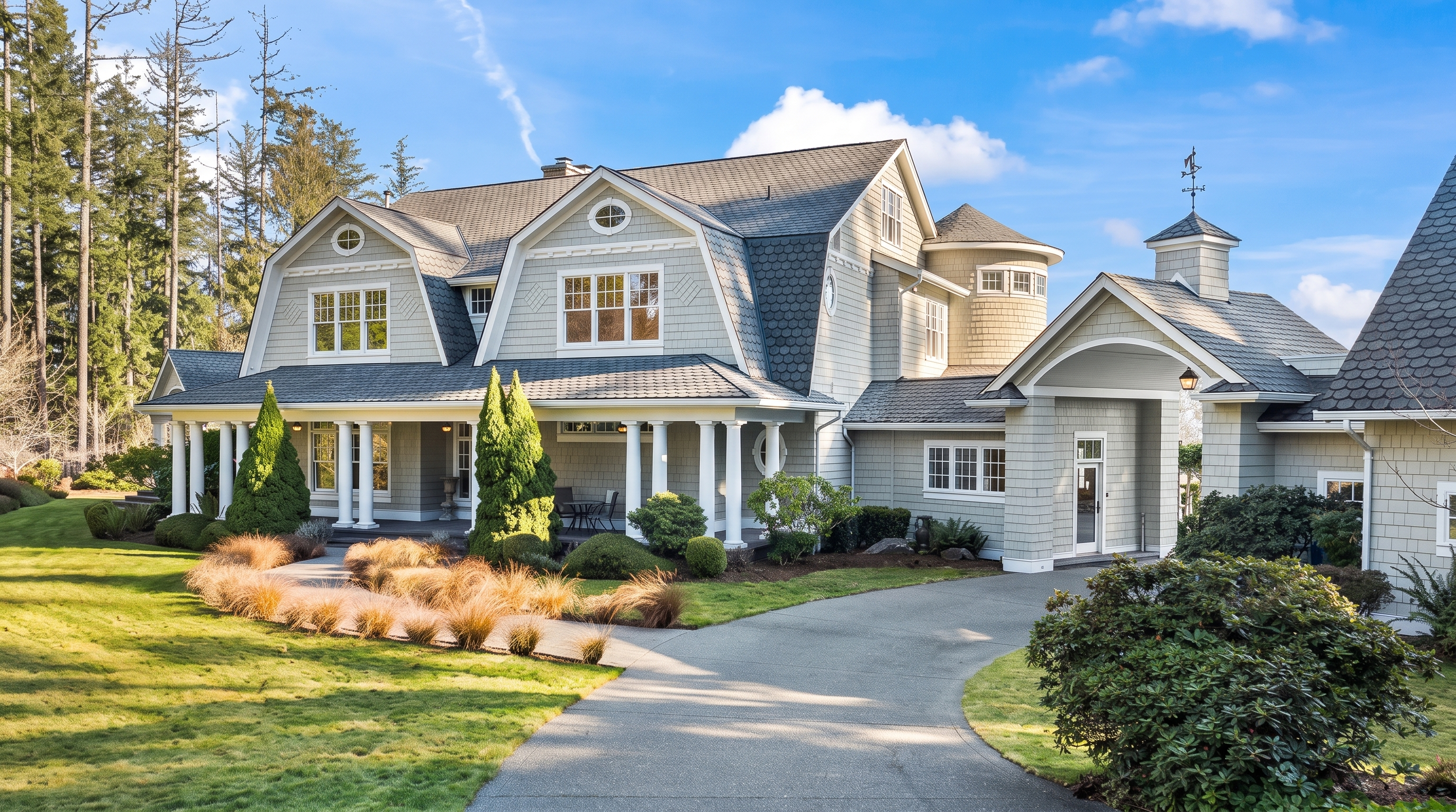 This expansive, multi-gabled residence features classic shingle-style architecture with a light gray exterior and a prominent wraparound porch supported by white columns. A curved concrete driveway leads toward the home's entrance, framed by manicured lawns, mature trees, and decorative landscaping. The bright blue sky and clear lighting highlight the home's sophisticated curb appeal and traditional design elements.