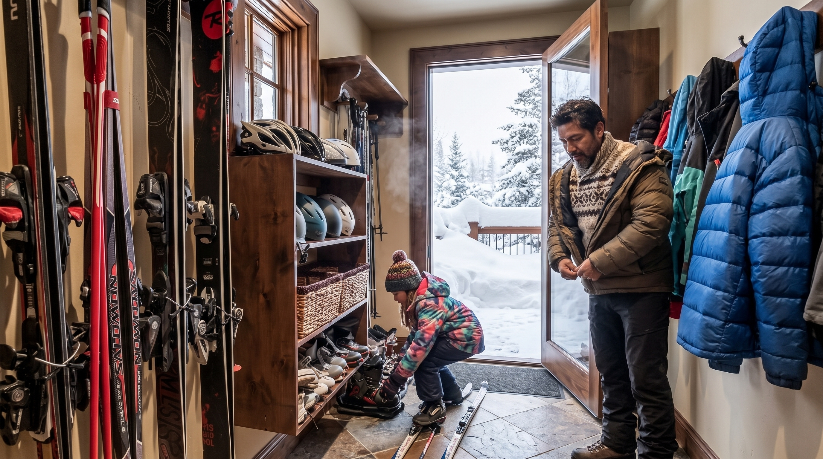 This cozy and functional mudroom entryway is designed for winter sports preparation, featuring dedicated wall-mounted storage for skis and a built-in shelving unit for helmets and gear. The space is equipped with heavy-duty coat hooks and provides direct access to a snowy outdoor deck, highlighting its convenience for mountain living. The warm wooden accents and durable tiled flooring create an inviting, practical space for managing gear in a cold climate.