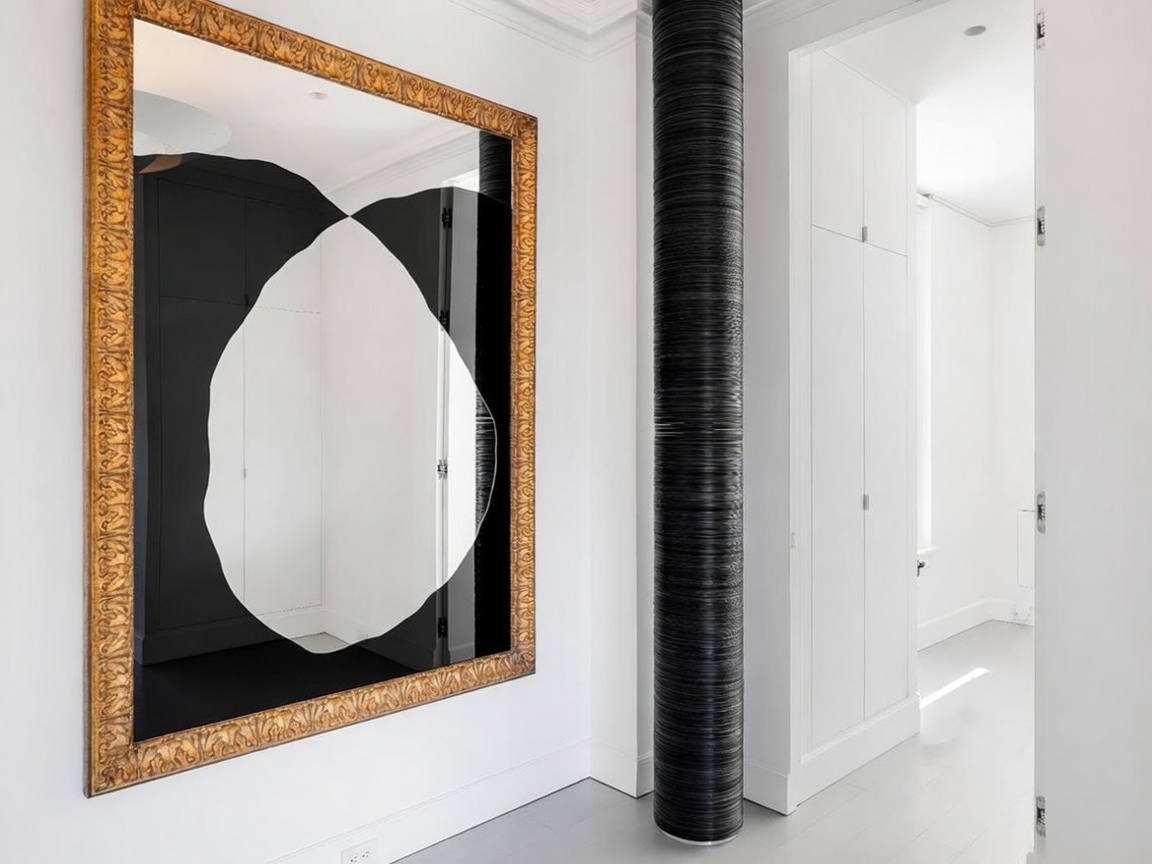 This interior hallway features a striking, large rectangular mirror with an ornate gold frame that reflects a bold, abstract black and white graphic. A prominent, textured black cylindrical column stands as a sculptural focal point, contrasting against the clean white walls and light-toned flooring. The perspective looks through a doorway into an adjacent bright, minimalist space with built-in white cabinetry, creating a sense of modern architectural depth.
