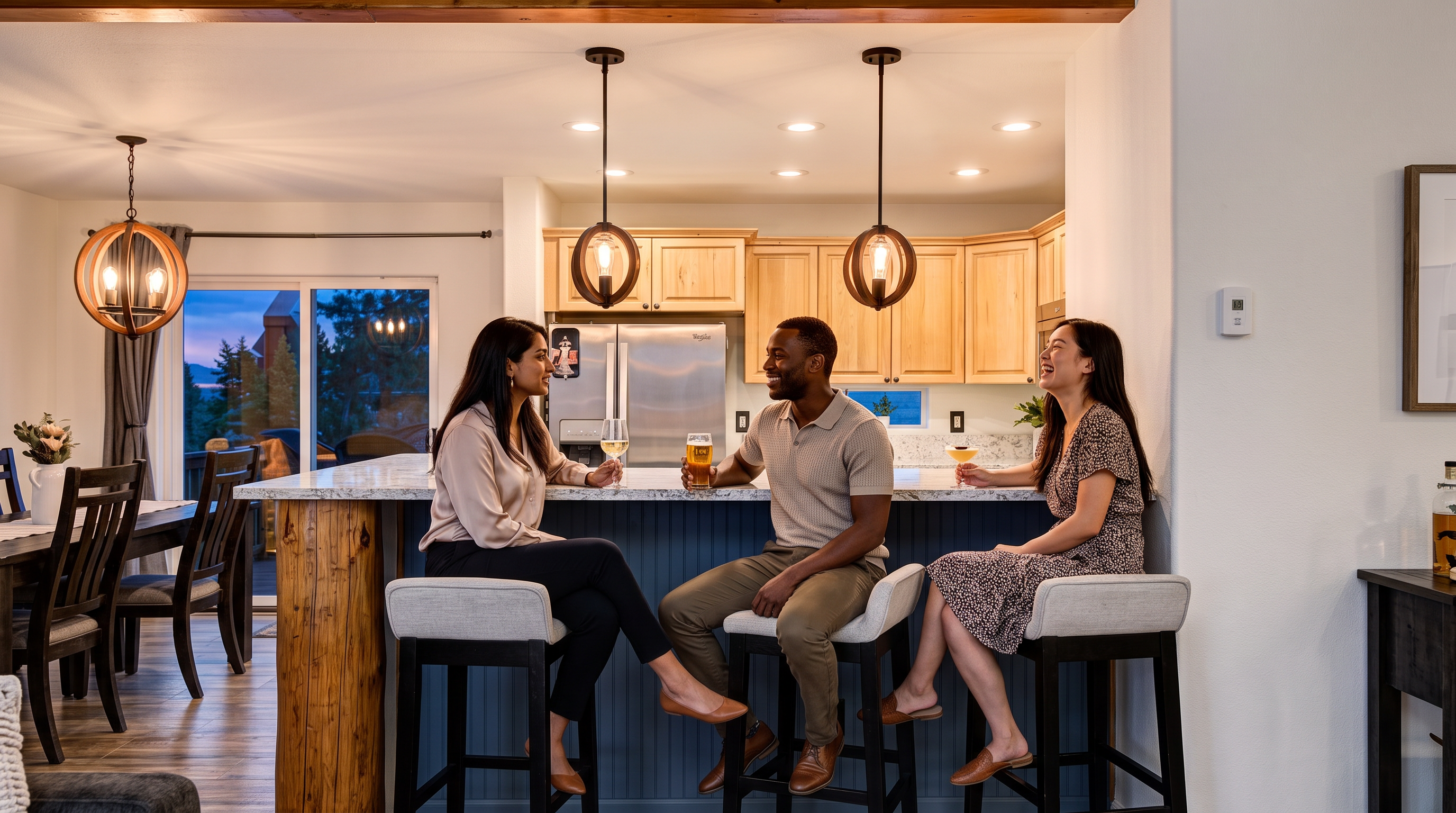 This bright, open-concept kitchen features a large granite-topped island with comfortable bar seating, ideal for social gatherings. The space is equipped with light-wood cabinetry and modern stainless steel appliances, creating a warm and inviting atmosphere. Elegant spherical pendant lights hang above the island, while an adjacent dining area and sliding glass doors enhance the airy, functional design.