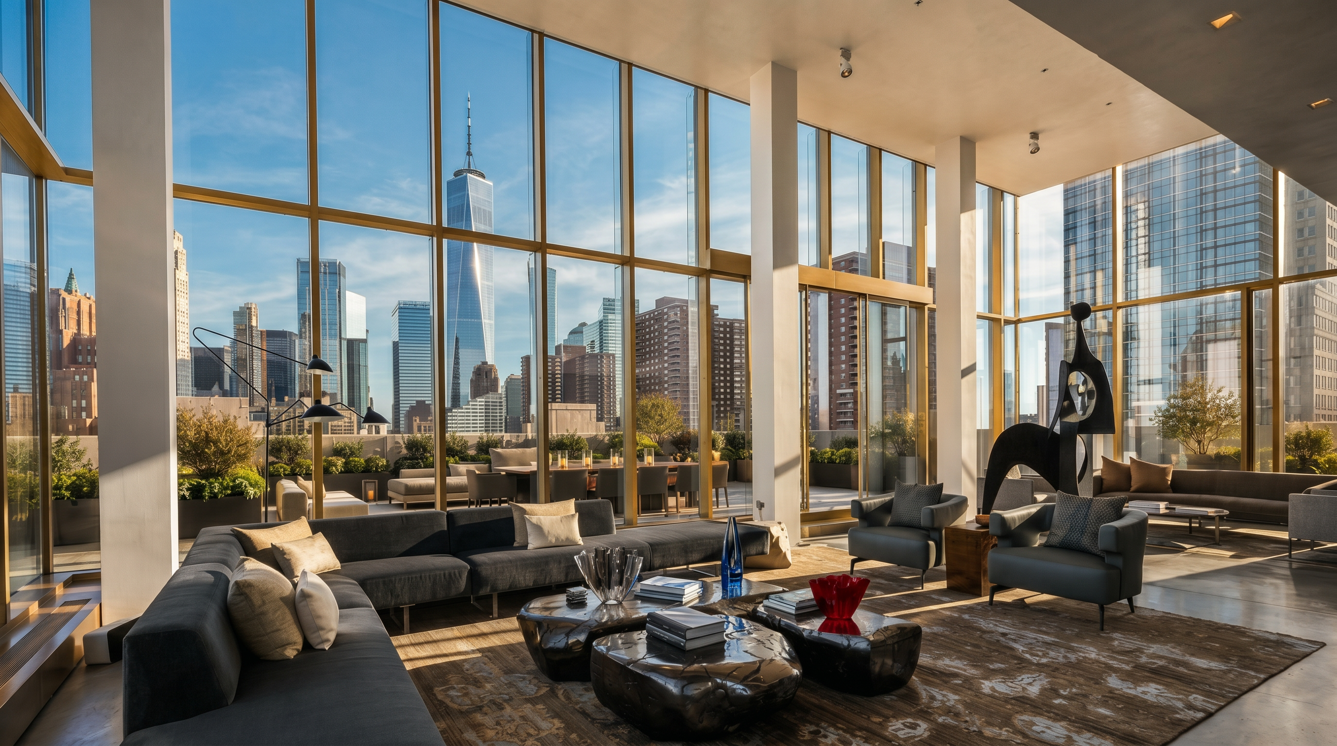 This expansive, high-ceilinged living room features floor-to-ceiling windows that offer a panoramic view of the New York City skyline, including the One World Trade Center. The space is furnished with a large, dark grey sectional sofa, sculptural coffee tables, and contemporary armchairs arranged on a textured area rug. A striking abstract sculpture serves as a focal point, while the adjacent terrace provides a seamless transition to outdoor living space.