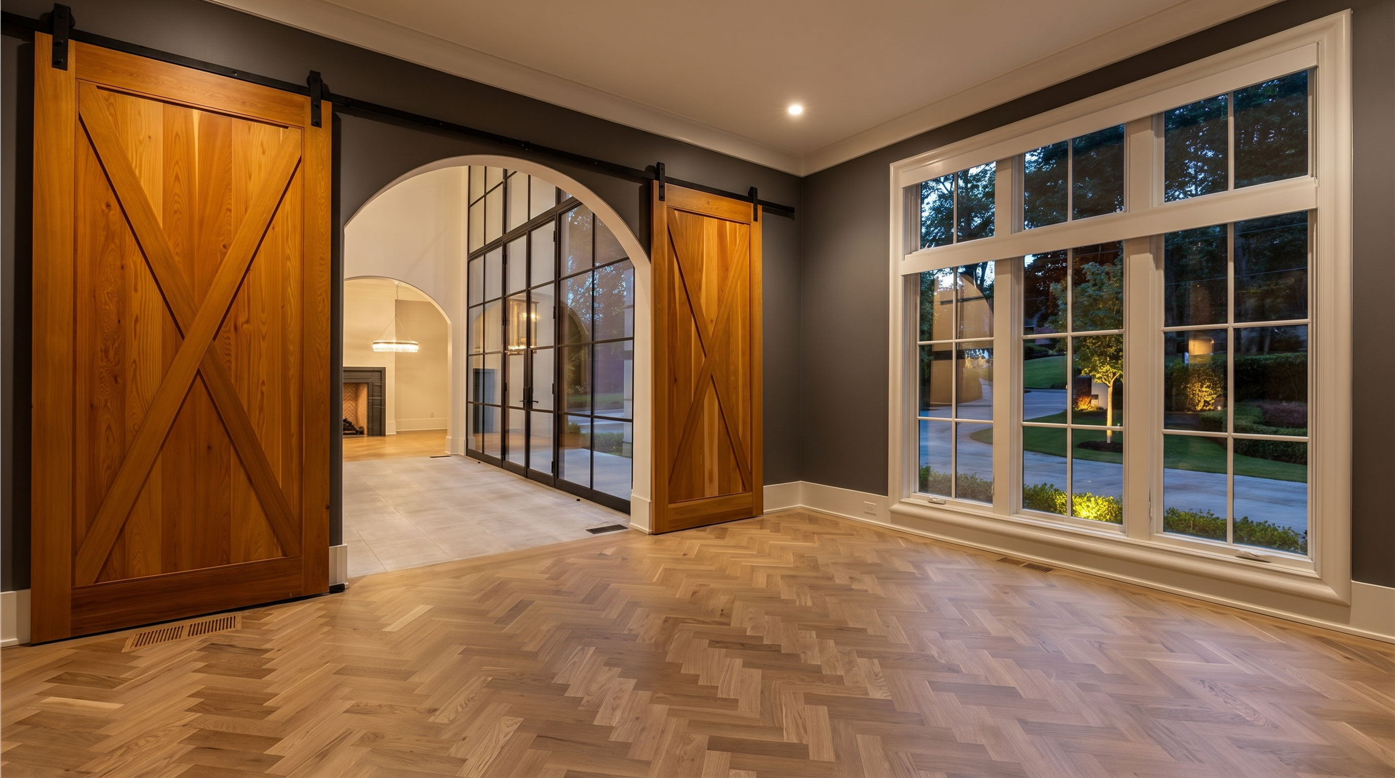 This bright, elegant room features light wood herringbone flooring and dark gray walls, creating a sophisticated contrast. A large arched opening with sliding barn doors leads to an adjacent space with expansive glass paneling, while a large window on the right allows natural light to cast geometric shadows across the floor. The perspective is from a low angle, emphasizing the architectural transition between the two rooms and the clean, modern aesthetic.