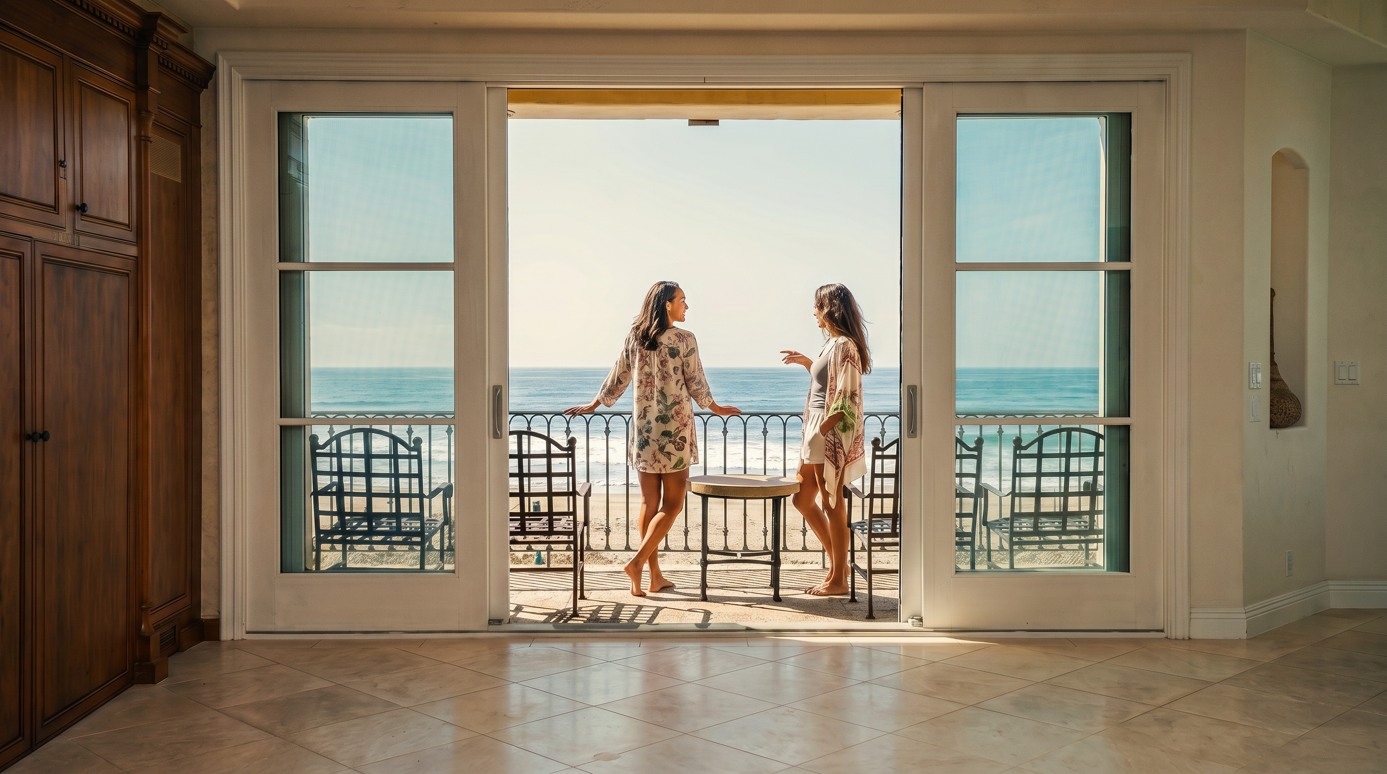 This interior space features large glass sliding doors that open onto a balcony overlooking the ocean. The room is finished with light-colored tile flooring and includes a built-in wooden cabinet on the left side. The balcony is furnished with a small table and two chairs, providing a direct view of the beach and waves.