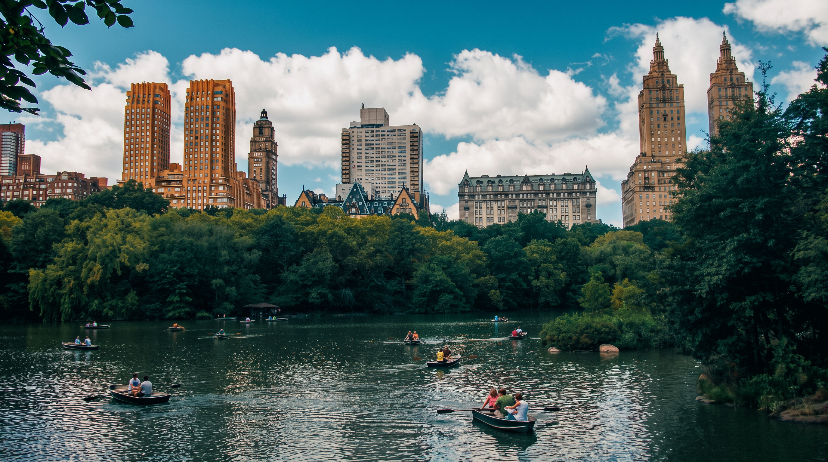 This scenic image features a tranquil lake in Central Park, serving as an iconic amenity for the surrounding luxury residences in New York City. The composition captures multiple rowboats on the water with a backdrop of high-rise apartment towers, emphasizing the unique blend of natural green space and urban real estate. It highlights the desirable lifestyle and picturesque environment that adds significant value to the nearby properties.