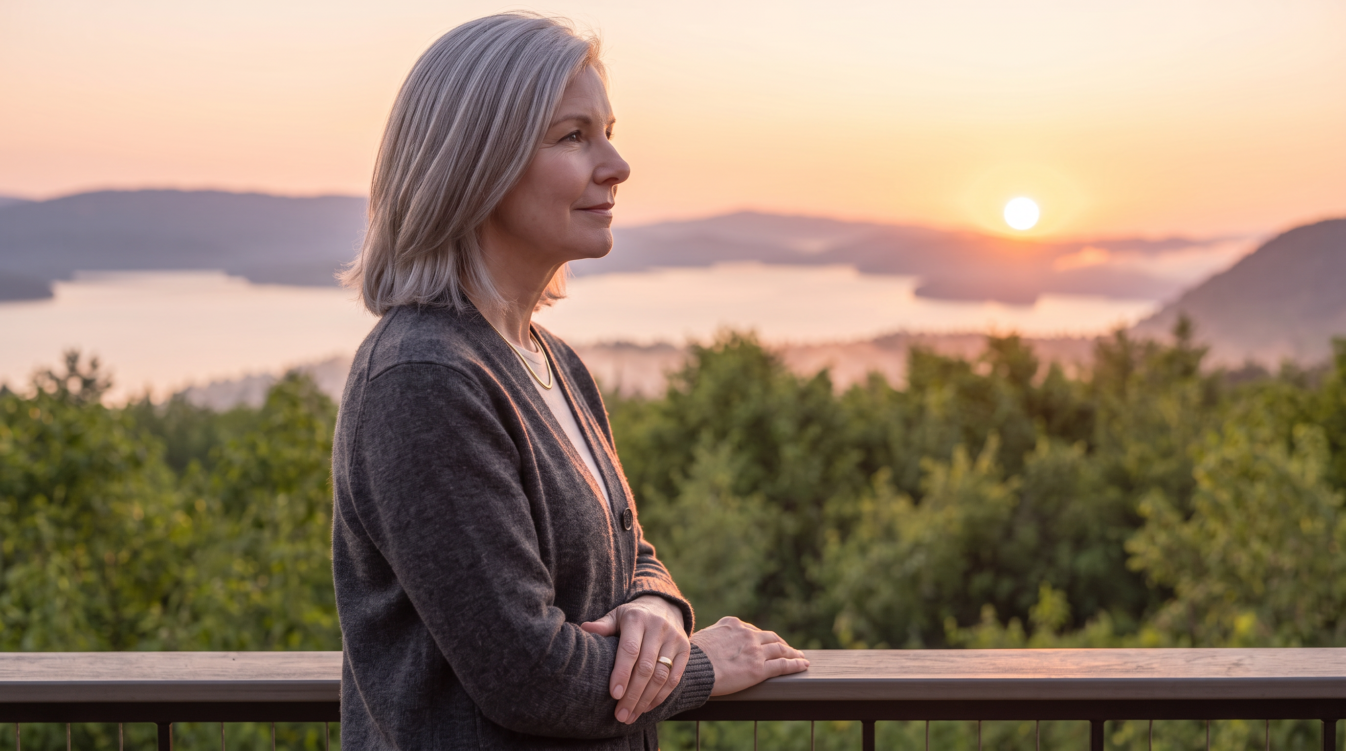 This serene balcony offers a stunning, elevated panoramic view of a mountain lake at sunrise, creating a peaceful and luxurious atmosphere. The space is equipped with comfortable wicker patio furniture, including two armchairs and a small side table, positioned to take full advantage of the scenic vista. With its modern railing and quiet setting, this outdoor area serves as a perfect retreat for relaxation.