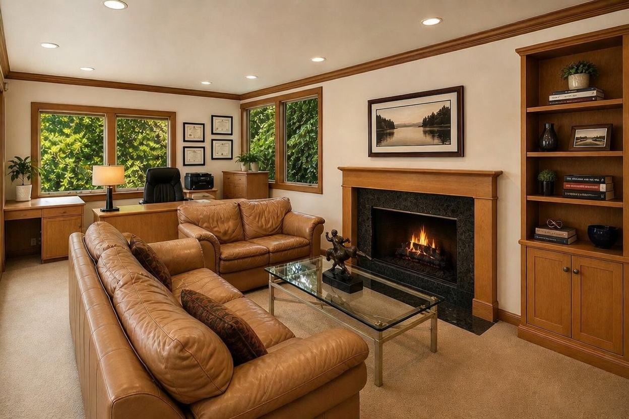 This warm and inviting home office features a cozy seating area with two leather sofas arranged around a glass-topped coffee table and a fireplace with a dark stone surround and wood mantel. To the left, a dedicated workspace includes a desk, office chair, and built-in cabinetry, while a tall, built-in bookshelf provides ample storage for books and decor. The room is bathed in natural light from large windows that look out onto lush greenery, creating a serene and productive atmosphere.