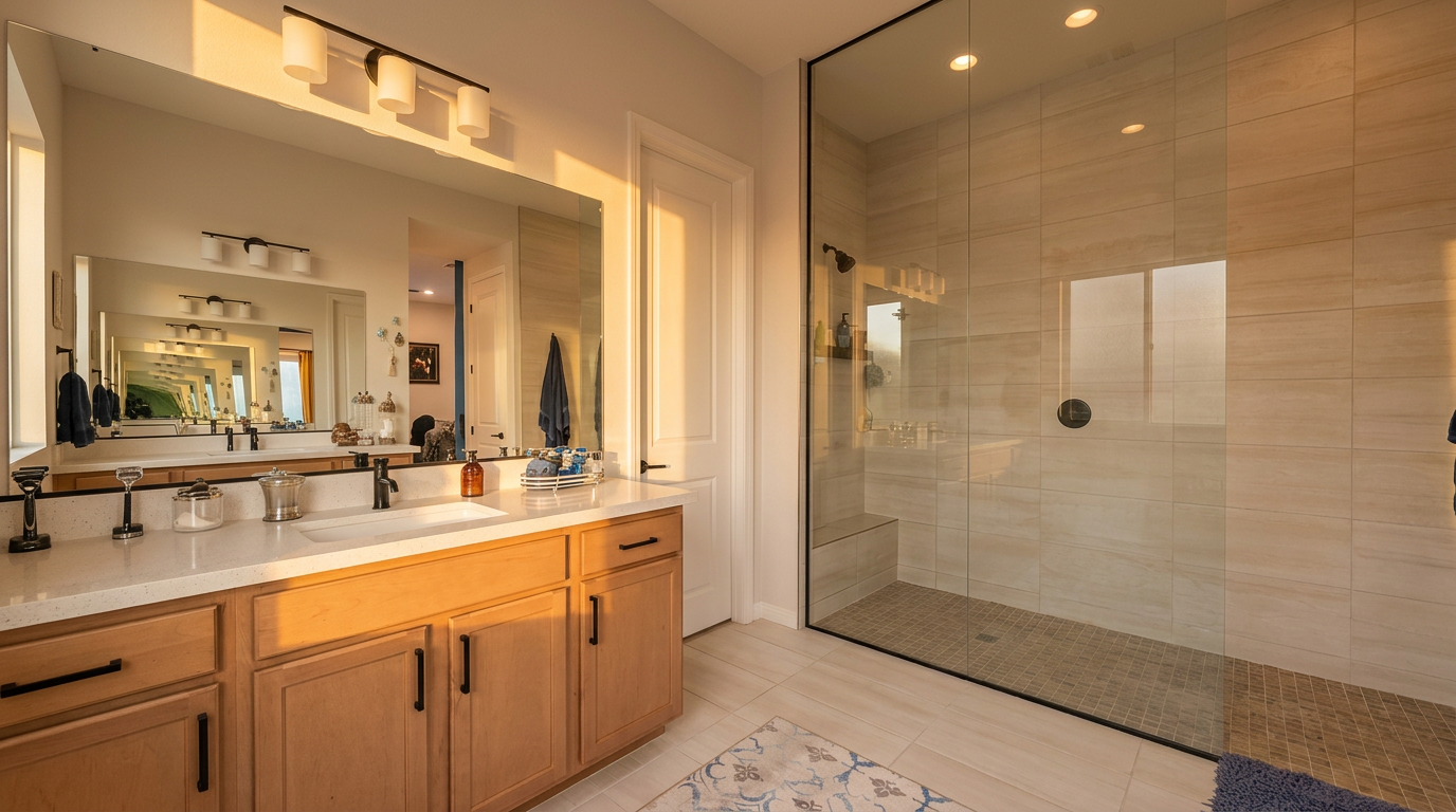This primary bathroom features a double vanity with light wood cabinetry, white countertops, and a large wall-mounted mirror illuminated by a modern light fixture. To the right, a spacious walk-in shower is enclosed by floor-to-ceiling glass panels and features tiled walls and a built-in bench. The room is finished with light-toned floor tiles and a decorative patterned rug, creating a bright and functional space.