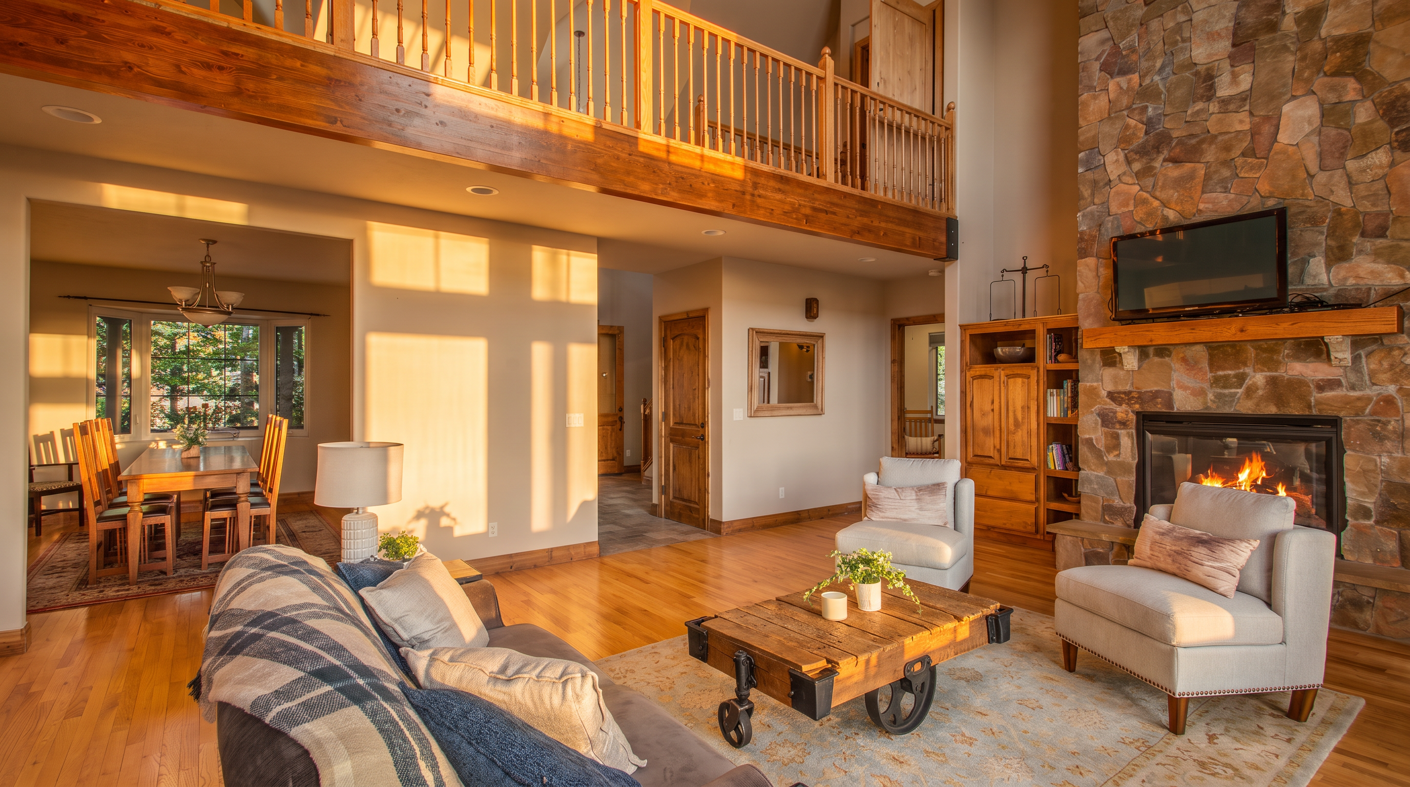 This inviting living room showcases a high vaulted ceiling with a rustic wooden loft balcony overlooking the space. The room features a striking floor-to-ceiling stone fireplace, comfortable neutral seating, and a unique industrial-style coffee table with iron wheels, creating a cozy yet elevated atmosphere. The open floor plan extends into a adjacent dining area, further enhancing the spacious and welcoming feel of the home.
