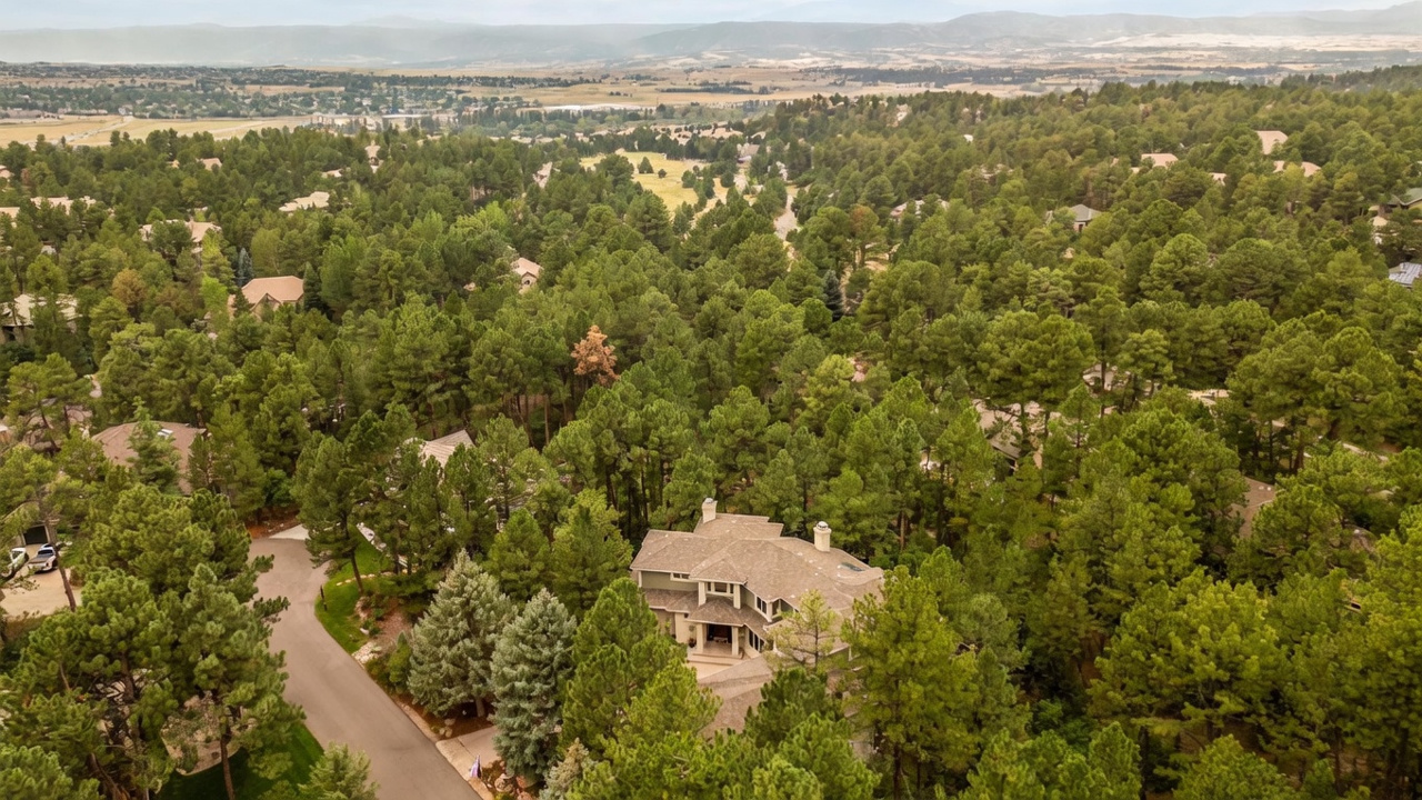 This high-angle aerial view captures a large, multi-story residential home nestled within a dense, mature pine forest. The property features a complex, multi-gabled roofline and is accessed by a winding paved driveway that curves through the wooded landscape. In the distance, the terrain opens up to reveal a sprawling valley and mountain range, emphasizing the secluded and scenic nature of the location.