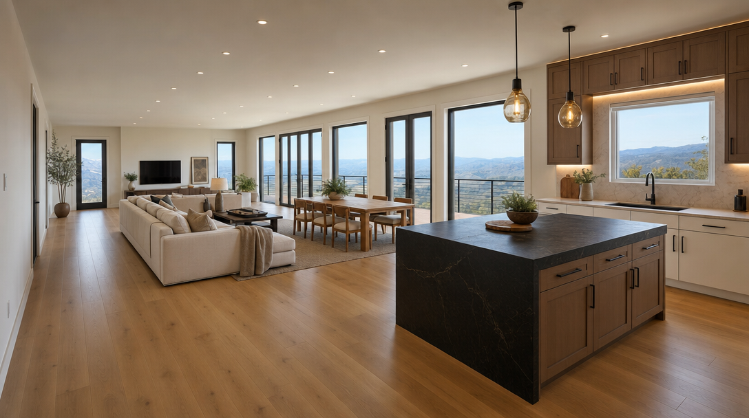 This expansive open-concept living space features a chef's kitchen with a large dark marble island and custom wood cabinetry, seamlessly flowing into a dining area and light-filled living room. Floor-to-ceiling windows and sliding glass doors showcase breathtaking mountain views, creating an airy, luxurious, and modern atmosphere. The home highlights high-end finishes, warm wood flooring throughout, and a sophisticated, neutral color palette perfect for contemporary upscale living.