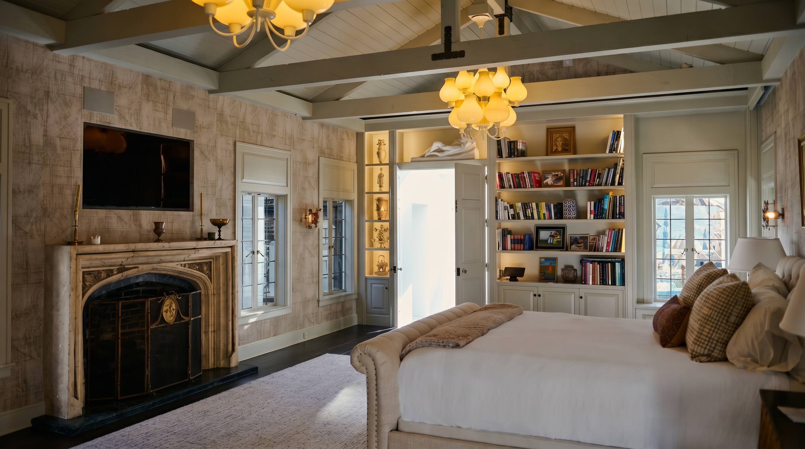 This elegant primary bedroom features a vaulted ceiling with exposed beams, a grand stone fireplace, and built-in bookshelves flanking a doorway. The room is anchored by a plush, upholstered bed and illuminated by a sophisticated multi-tiered chandelier, creating a warm and luxurious atmosphere. The neutral color palette and textured wallpaper enhance the refined, classic aesthetic of the space.