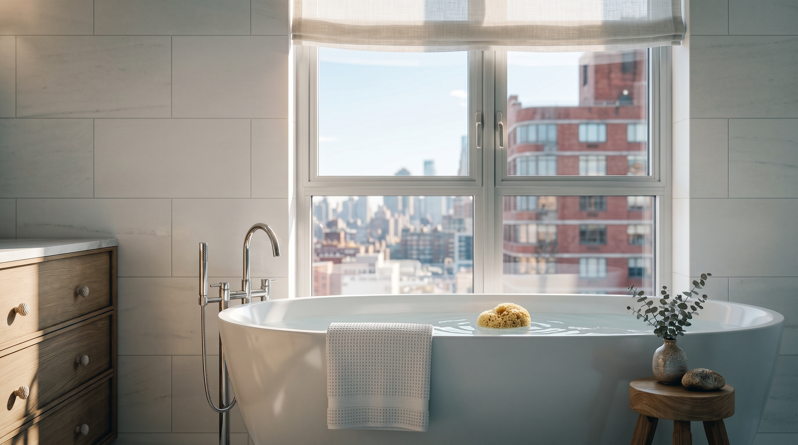 This serene bathroom features a deep soaking tub positioned directly in front of a large window with sweeping city views. The space incorporates a natural aesthetic with a light-toned wooden vanity, soft white tile walls, and a small wooden stool topped with decor. It offers a tranquil, high-end atmosphere perfect for a luxurious primary suite.