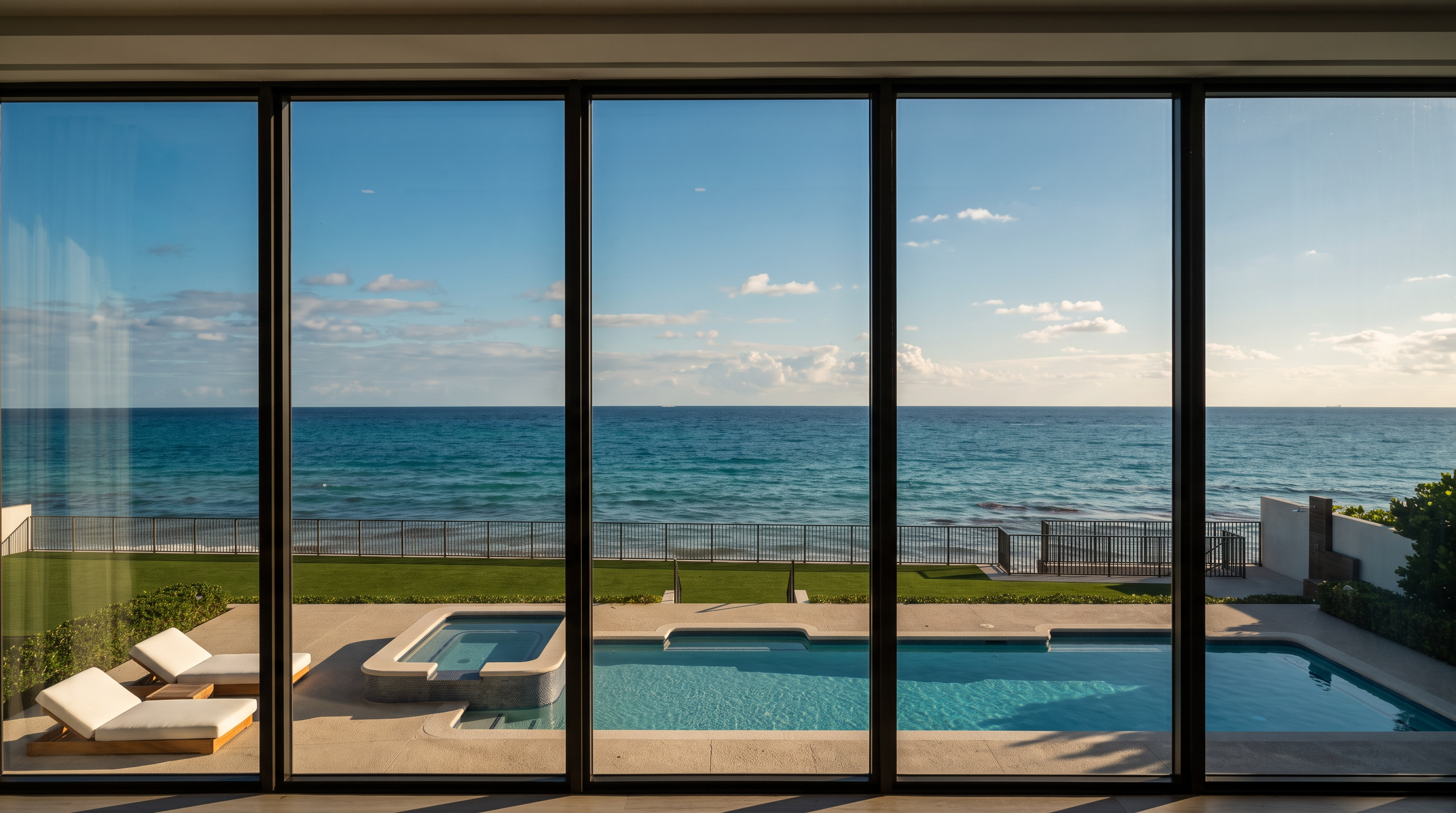 This interior view features expansive floor-to-ceiling windows that frame a panoramic, unobstructed view of the turquoise ocean and horizon. Through the glass, a private swimming pool and a manicured green lawn are visible, creating a seamless transition between the indoor living space and the coastal landscape. The perspective is centered and symmetrical, emphasizing the dramatic connection between the home's interior and the waterfront setting.