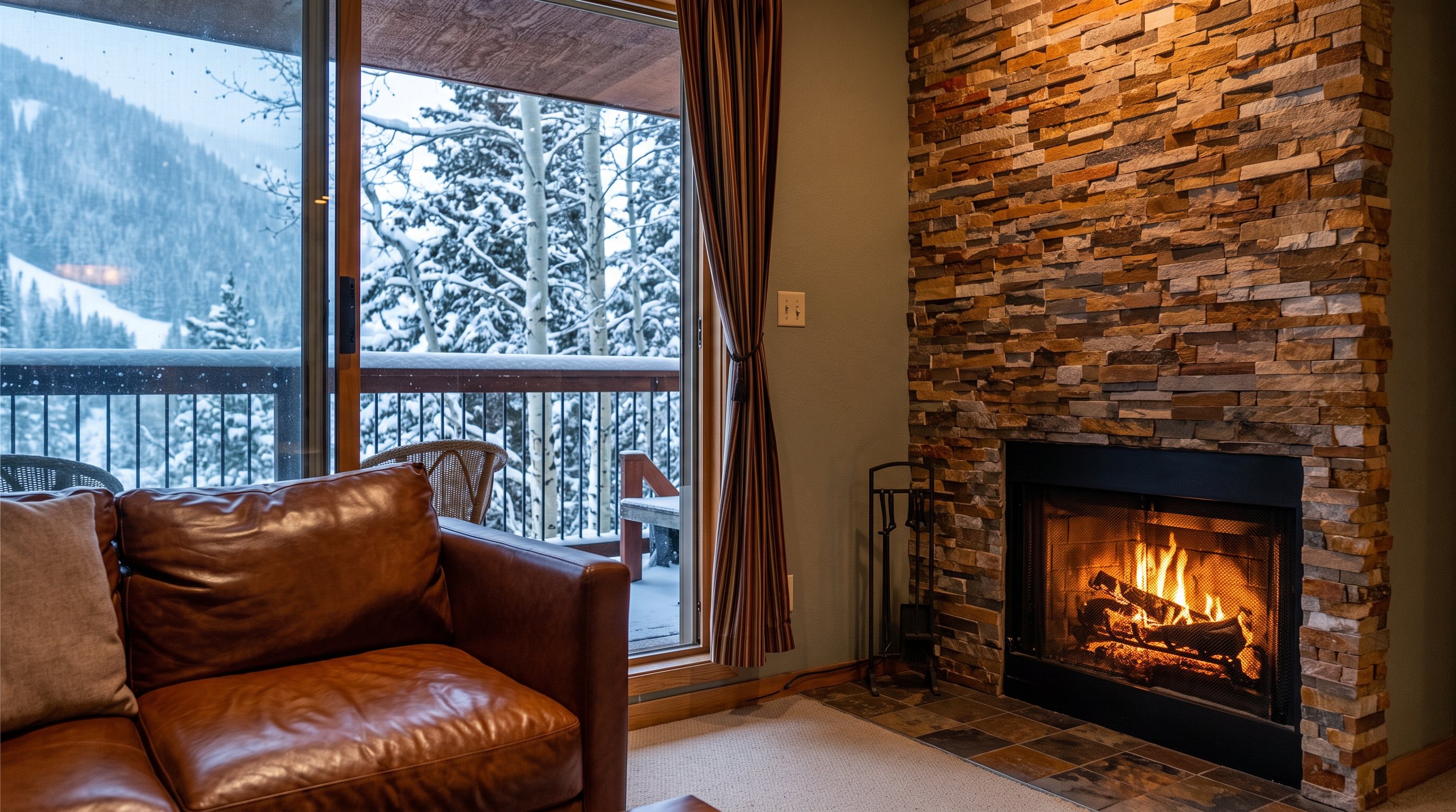 This cozy living area features a plush brown leather sofa positioned near a striking floor-to-ceiling stone fireplace that provides a warm, inviting focal point. Sliding glass doors open onto a balcony, offering a beautiful view of snow-covered trees and a mountain landscape, perfect for a mountain retreat. The combination of rustic stone textures and comfortable seating creates a relaxing atmosphere ideal for winter comfort.