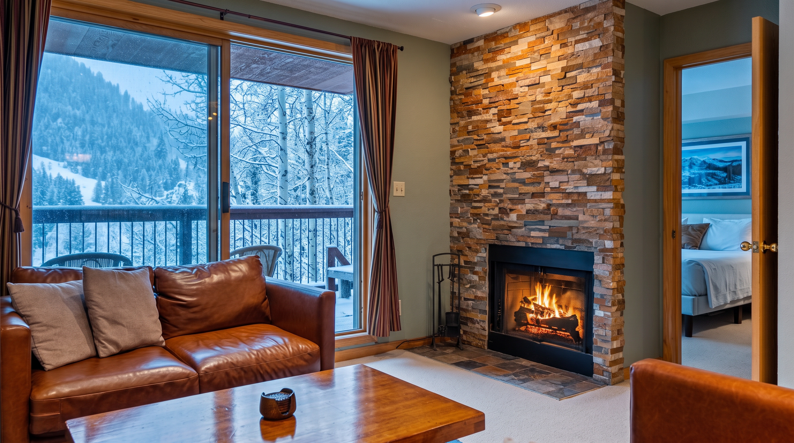 This cozy living room features a warm stone fireplace and comfortable brown leather seating, creating an inviting atmosphere. Large sliding glass doors offer a scenic view of a snow-covered balcony and winter landscape, blending indoor comfort with the natural environment. The room is well-appointed with a wooden coffee table and elegant drapes, suggesting a rustic yet refined mountain retreat.