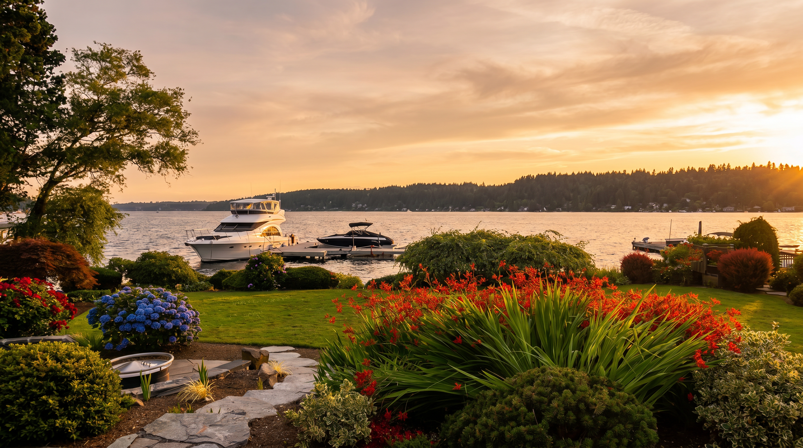 This scenic backyard view captures a lush, manicured lawn leading directly to a waterfront setting with boats docked on the lake. The foreground features vibrant red crocosmia flowers and a stone-lined garden bed, creating a peaceful and inviting atmosphere. The expansive sky filled with dramatic clouds over the distant treeline enhances the serene, high-end waterfront lifestyle appeal.