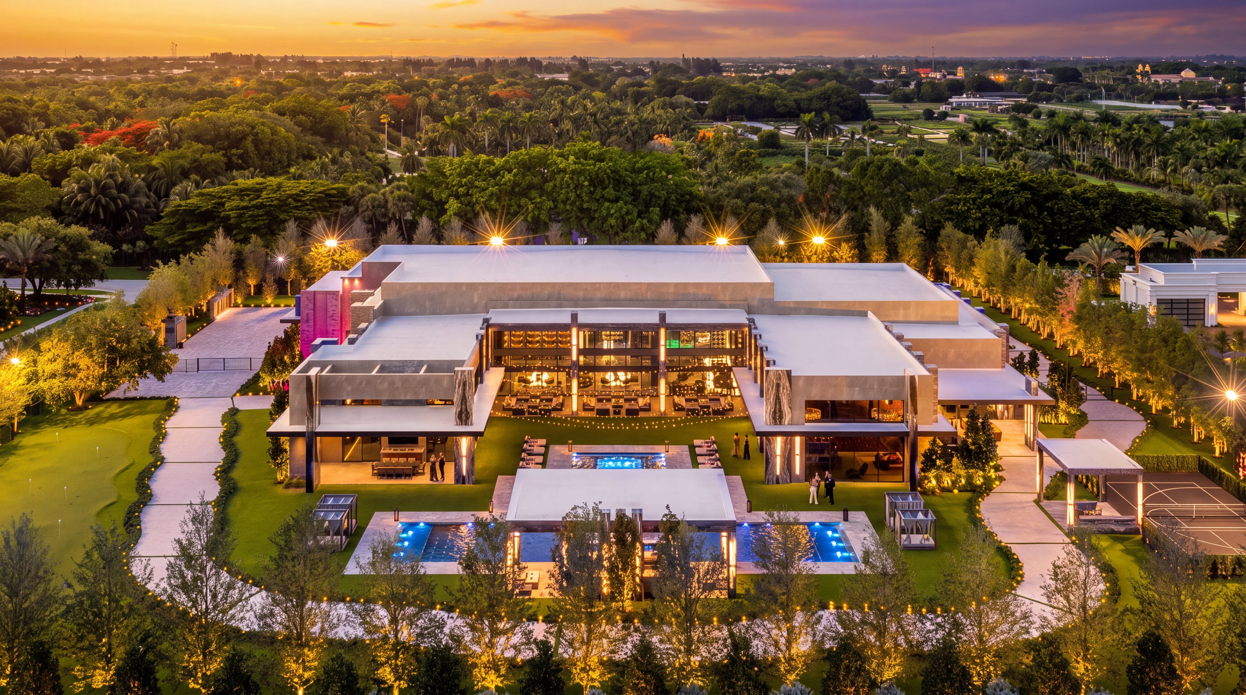 This stunning aerial perspective captures a sprawling, modern luxury estate at dusk, illuminated by warm landscape lighting against a vibrant sunset sky. The property features a symmetrical architectural design with expansive glass walls, multiple swimming pools, and a manicured lawn, all surrounded by lush tropical greenery. A private tennis court and extensive paved driveways complete this high-end residential compound, emphasizing its scale and sophisticated design.