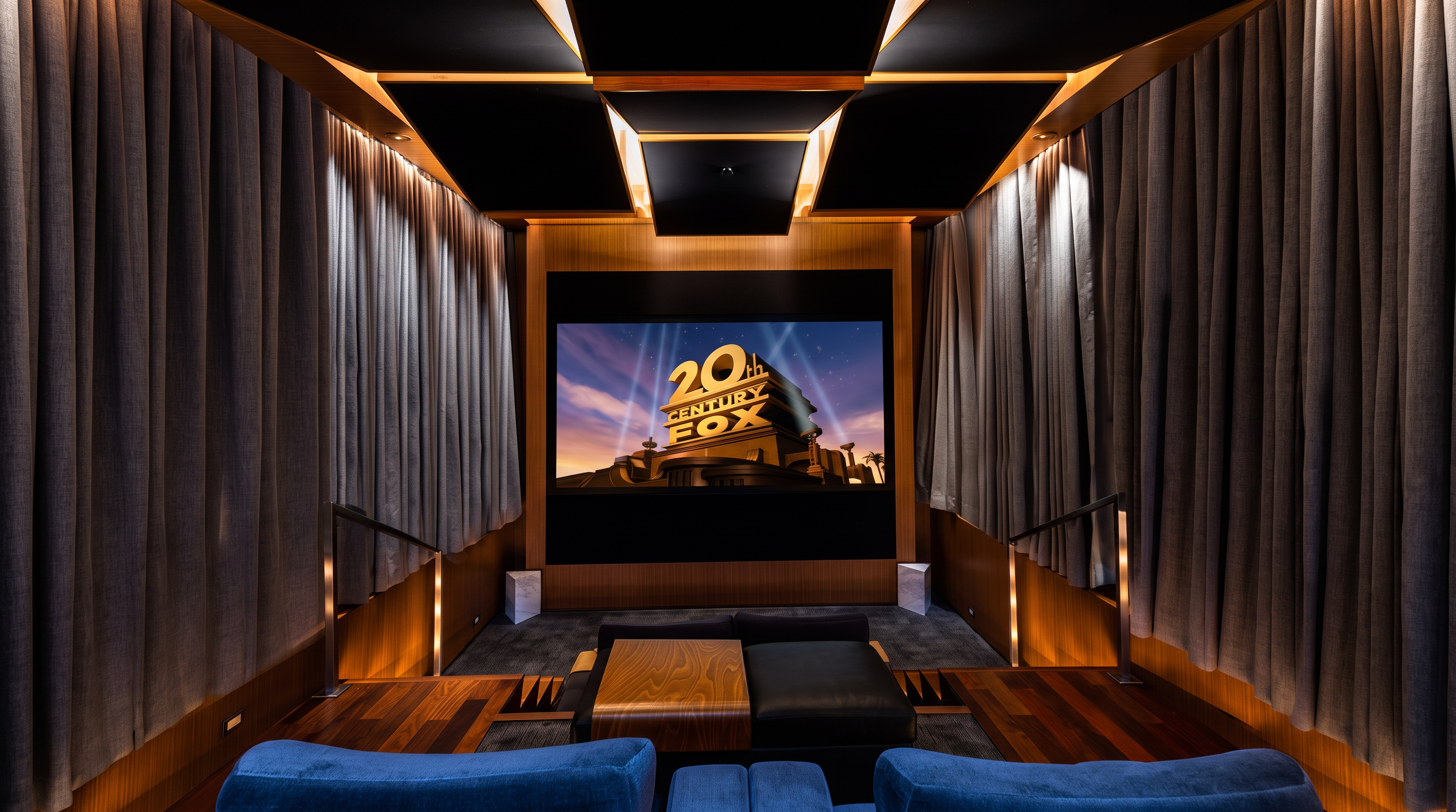 This image showcases a dedicated home theater room featuring tiered seating, a large projection screen, and sophisticated acoustic treatments. The space is framed by rich wood paneling and heavy drapery along the side walls, with a coffered ceiling design that incorporates recessed lighting. The perspective is from the rear of the room, looking forward toward the screen, emphasizing the immersive and private cinematic atmosphere.