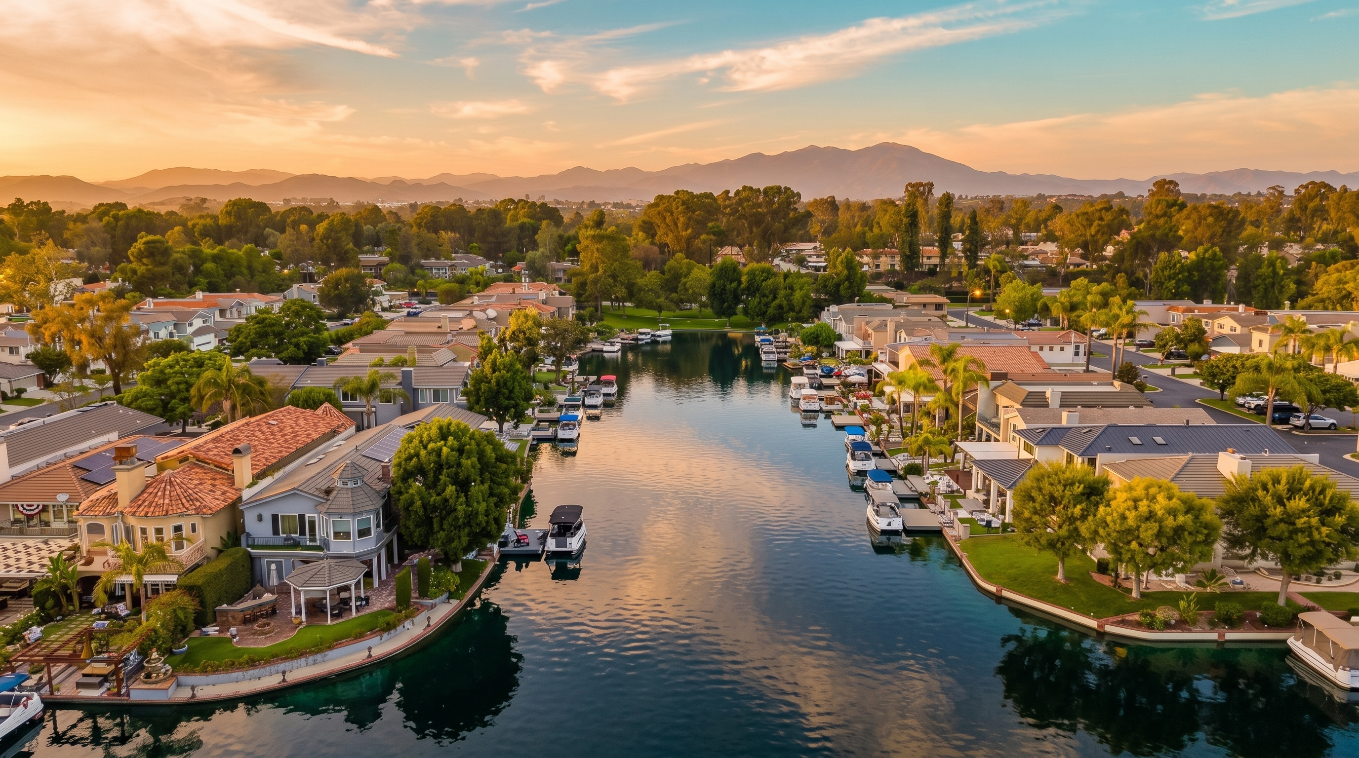 This aerial view captures a serene lakeside residential community featuring luxury waterfront homes with private boat docks. The scene is characterized by manicured landscaping, lush trees, and a clear blue canal leading towards distant mountains under a expansive sky. The property layout emphasizes premium water access and a tranquil lifestyle in a suburban setting.