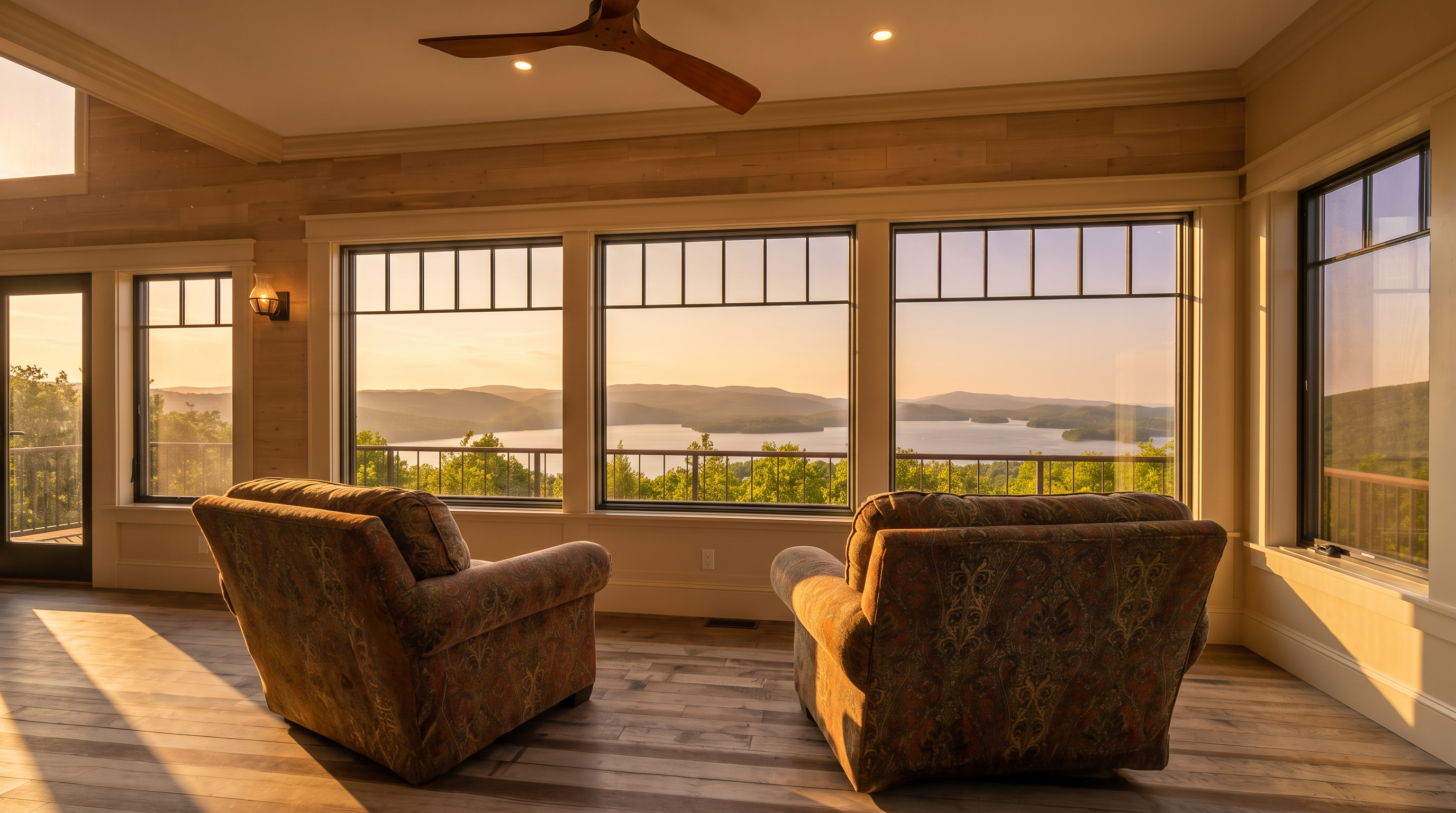 This bright and spacious living room features two patterned armchairs expertly positioned to capture a sweeping, panoramic view of the lake and mountains through a wall of large windows. The room is characterized by warm wood flooring, rustic wood-paneled walls, and a modern wooden ceiling fan, creating an inviting and tranquil atmosphere. The combination of high-end finishes and the stunning natural scenery makes this an ideal space for relaxation.