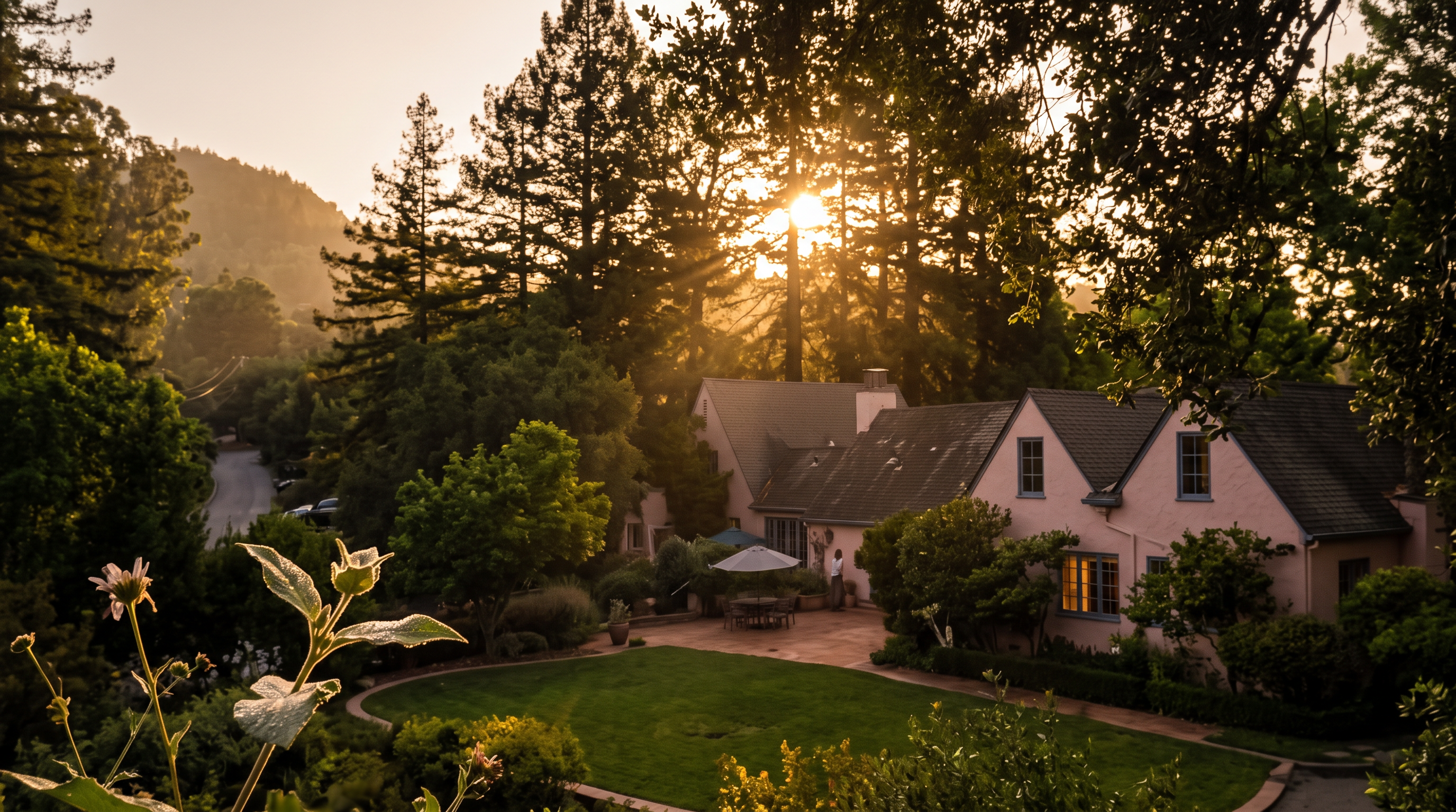 This high-angle aerial view captures a secluded residential property nestled within a lush, forested hillside. The scene features a winding driveway leading to a home with a light-colored exterior and a green lawn, surrounded by dense trees and rolling mountain terrain. The perspective emphasizes the expansive, private nature of the landscape and the home's integration into the natural environment.