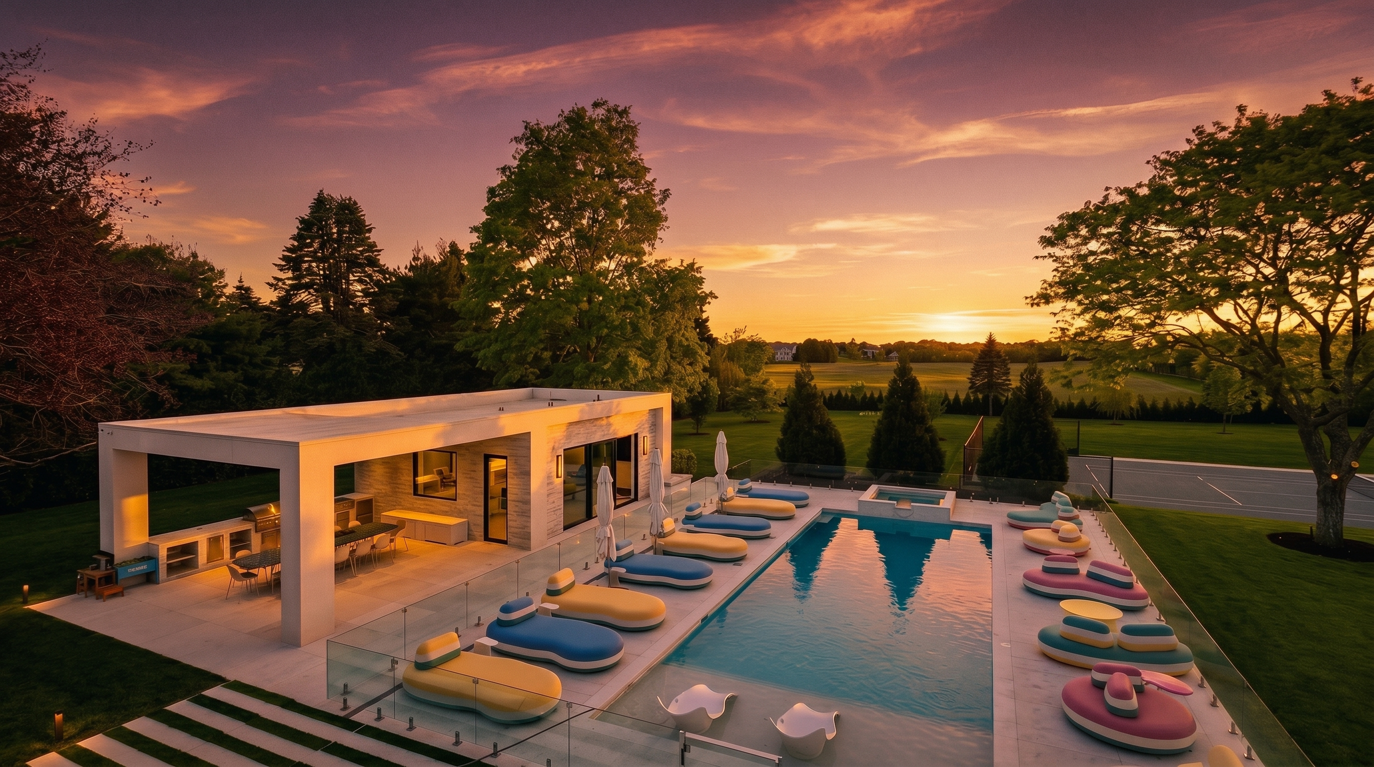This high-angle shot captures a luxurious outdoor living space featuring a rectangular swimming pool with a built-in spa and a shallow sun shelf. Adjacent to the pool is a modern, open-air cabana with a covered dining area and outdoor kitchen, complemented by rows of colorful lounge chairs and unique, sculptural seating. The property is set against a backdrop of lush green lawns, mature trees, and a tennis court, creating a serene and upscale resort-like atmosphere.