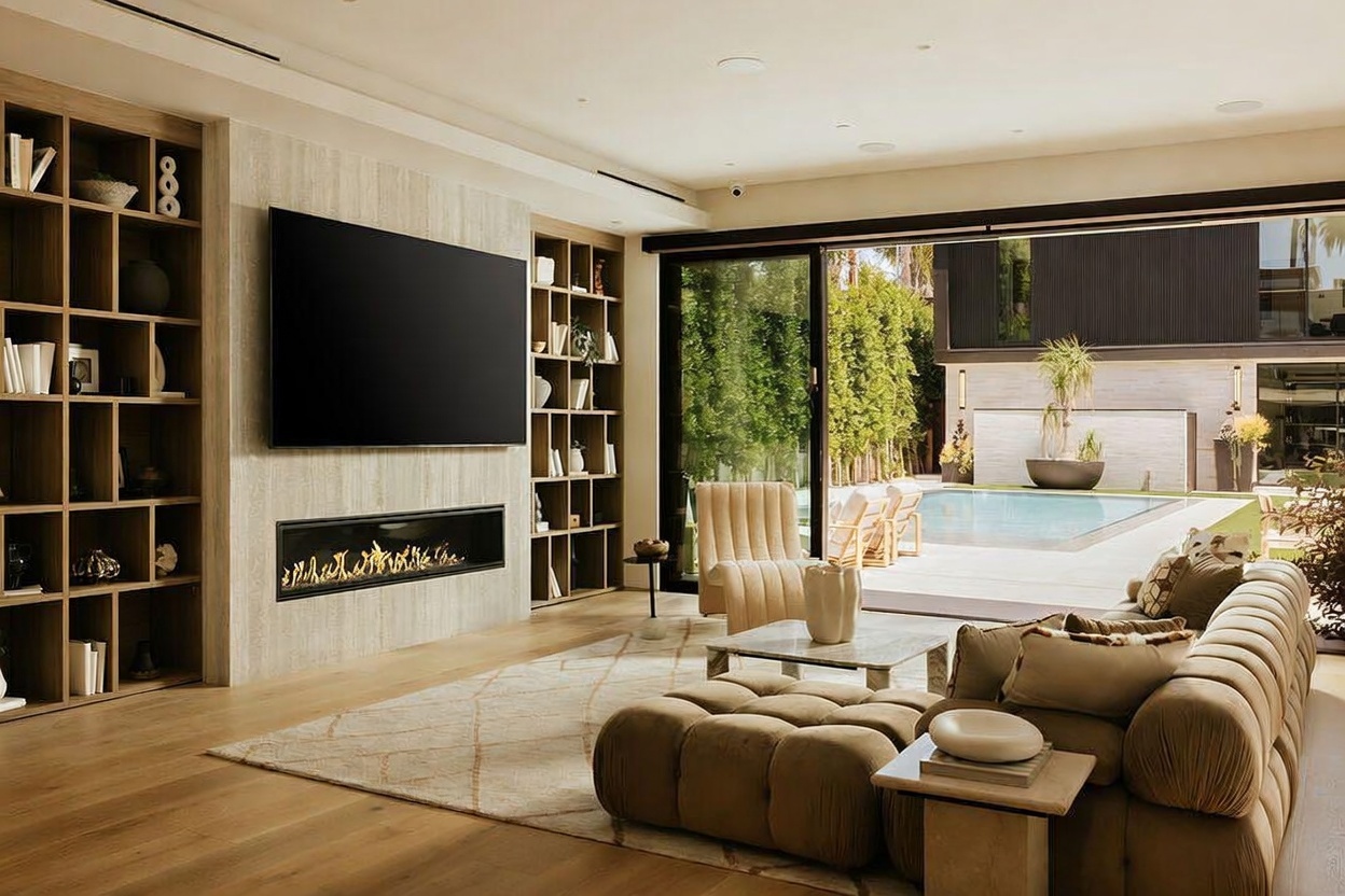 This sophisticated living room features a neutral color palette, light wood flooring, and a large, plush sectional sofa. A linear fireplace is set into a stone-clad wall beneath a large television, flanked by custom built-in shelving units. Large sliding glass doors open to a seamless transition toward an outdoor patio and swimming pool, creating an airy, indoor-outdoor living experience.