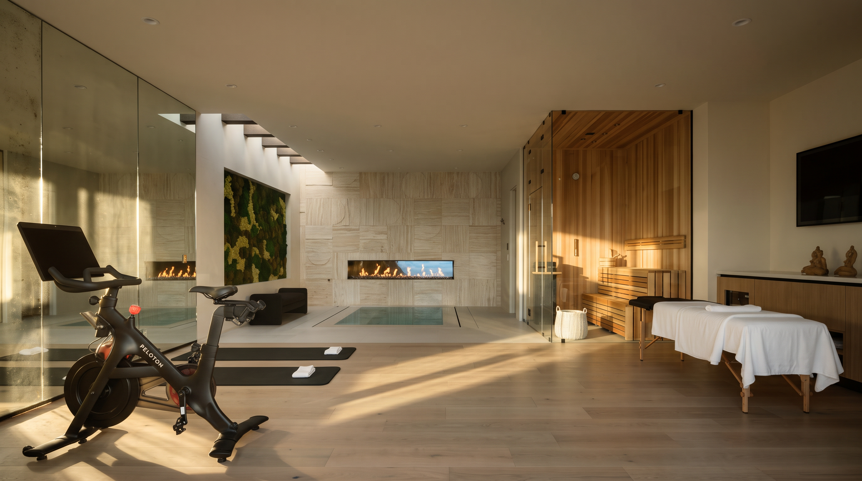 This expansive, modern home gym features light wood flooring and a minimalist aesthetic, incorporating a Peloton bike, a massage table, and a sauna. A central feature is a recessed indoor spa pool positioned beneath a linear fireplace set into a textured stone wall. The room is accented by a large living wall of greenery and floor-to-ceiling glass panels enclosing the sauna, creating a serene, spa-like atmosphere.