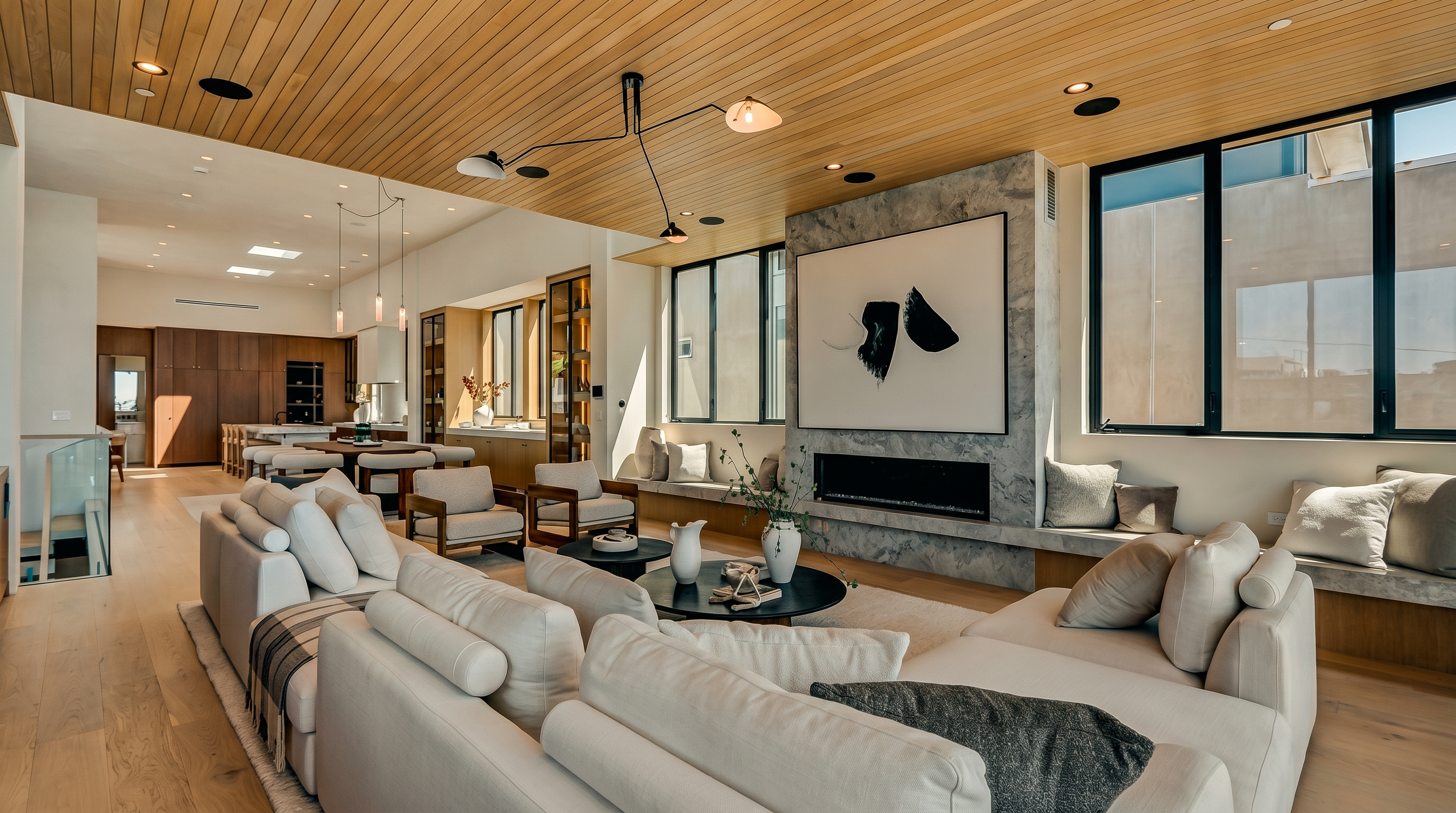 This expansive, open-concept living area features a light wood-paneled ceiling and light-toned wood flooring, creating a bright and airy atmosphere. A large, plush sectional sofa faces a central fireplace with a tall, stone-clad chimney breast and a minimalist art piece above. The space flows seamlessly into a dining area and kitchen in the background, with large windows along the side wall providing ample natural light.