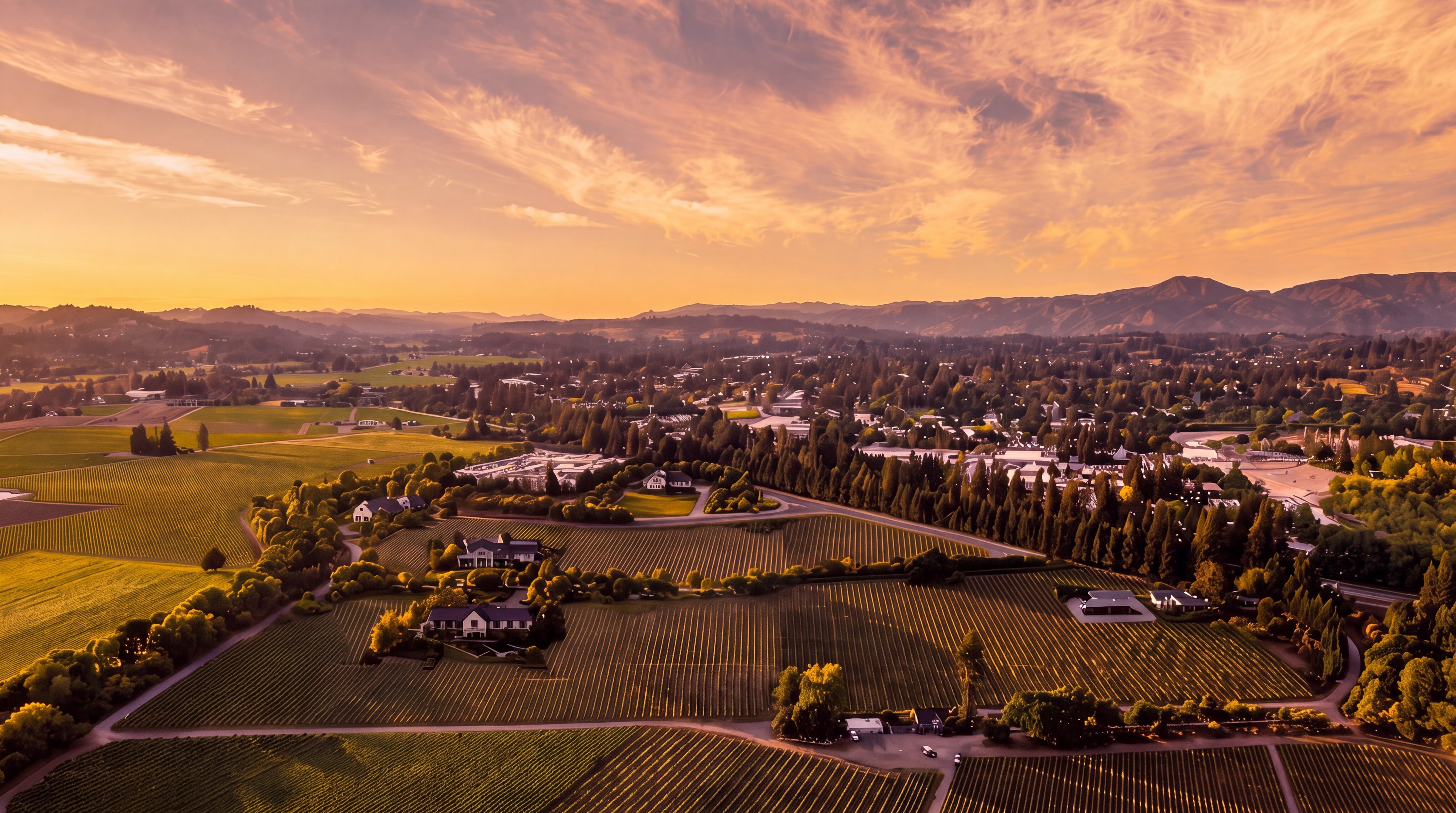 This stunning aerial view captures a sprawling estate set against the backdrop of rolling hills during a warm, golden sunset. The property features expansive vineyards organized in orderly rows, interspersed with lush mature trees and several well-appointed buildings. The serene, picturesque landscape offers a classic countryside aesthetic, emphasizing privacy and scenic beauty in a prime agricultural region.
