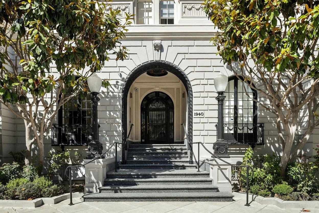 This grand, symmetrical entryway features a prominent arched doorway framed by decorative stone masonry and flanked by two classic black lamp posts. A set of wide, dark stone steps leads up to the main entrance, which is secured by an ornate black metal gate. The facade is framed by two mature, leafy trees, creating a stately and inviting curb appeal for this historic-style building.