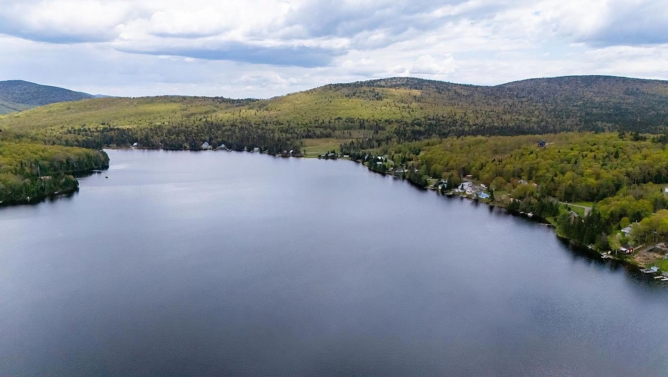 This wide-angle aerial shot captures a serene lake surrounded by lush, rolling hills covered in dense forest. A small cluster of residential properties is nestled along the shoreline, with a white arrow pointing toward a specific waterfront location labeled '1411 Diamond Pond.' The perspective provides a comprehensive view of the natural landscape and the property's secluded, scenic setting.