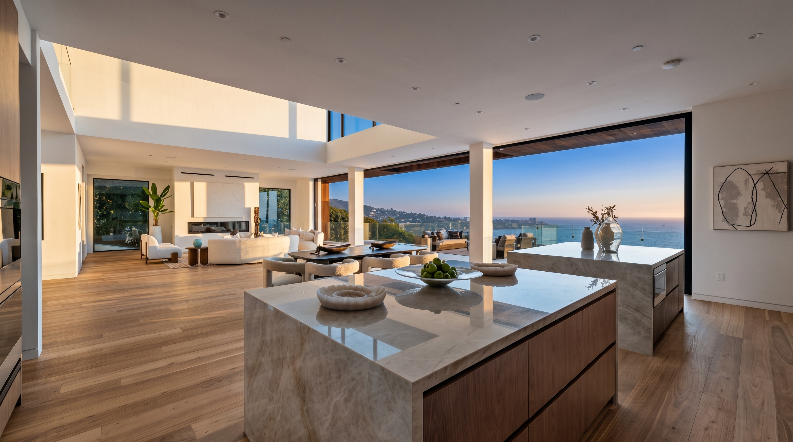 This expansive, open-concept living space features a modern kitchen with two large stone-topped islands and warm-toned wood cabinetry. The room flows seamlessly into a dining and living area, all framed by expansive glass walls that provide panoramic ocean views. The minimalist design is complemented by light wood flooring and recessed lighting, creating a bright and airy atmosphere.