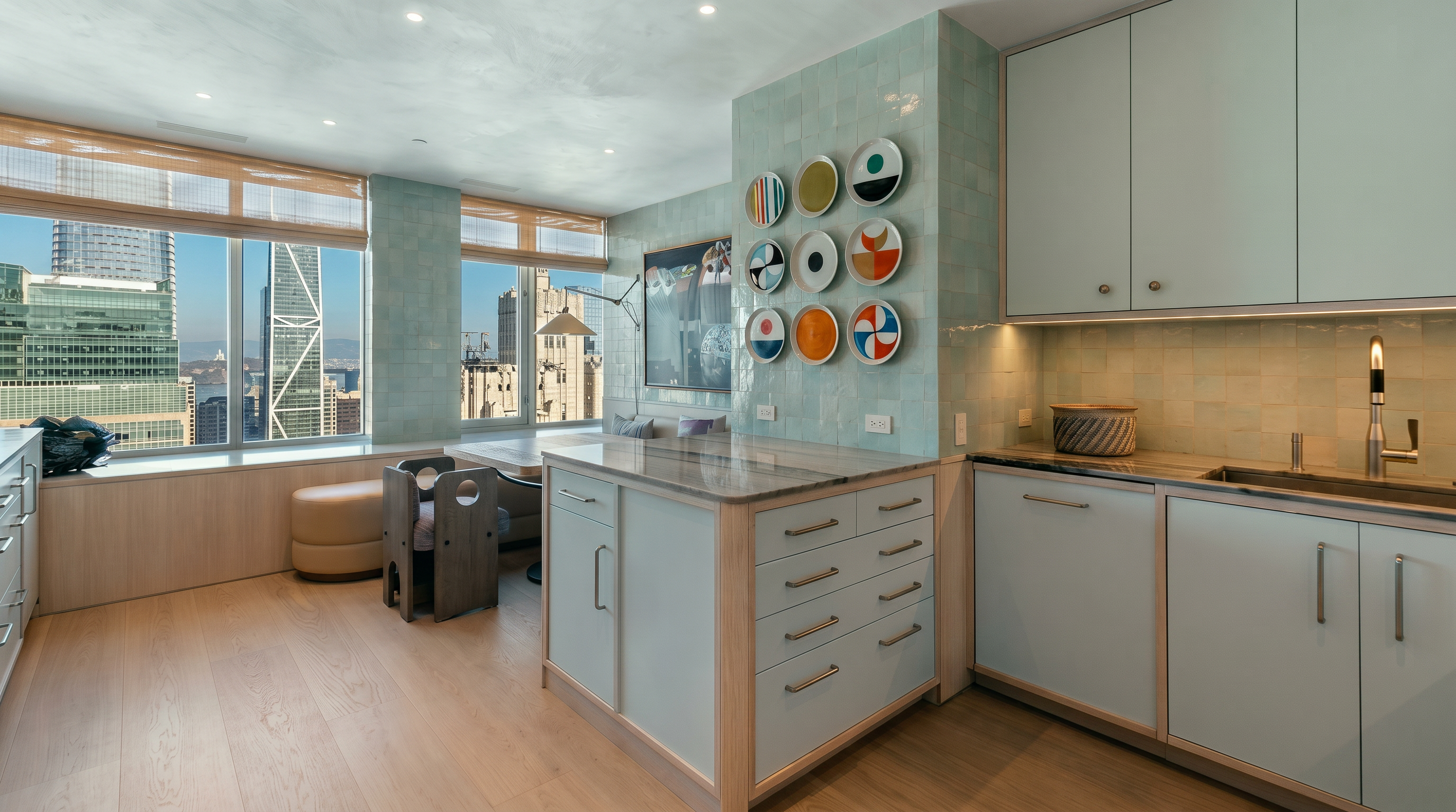 This modern kitchen features light-toned cabinetry, a central island with a stone countertop, and a unique wall accent decorated with circular plates. Large windows provide an expansive view of the city skyline, filling the space with natural light. The room is finished with light wood flooring and a cohesive, minimalist aesthetic that blends functional workspace with a dining area.