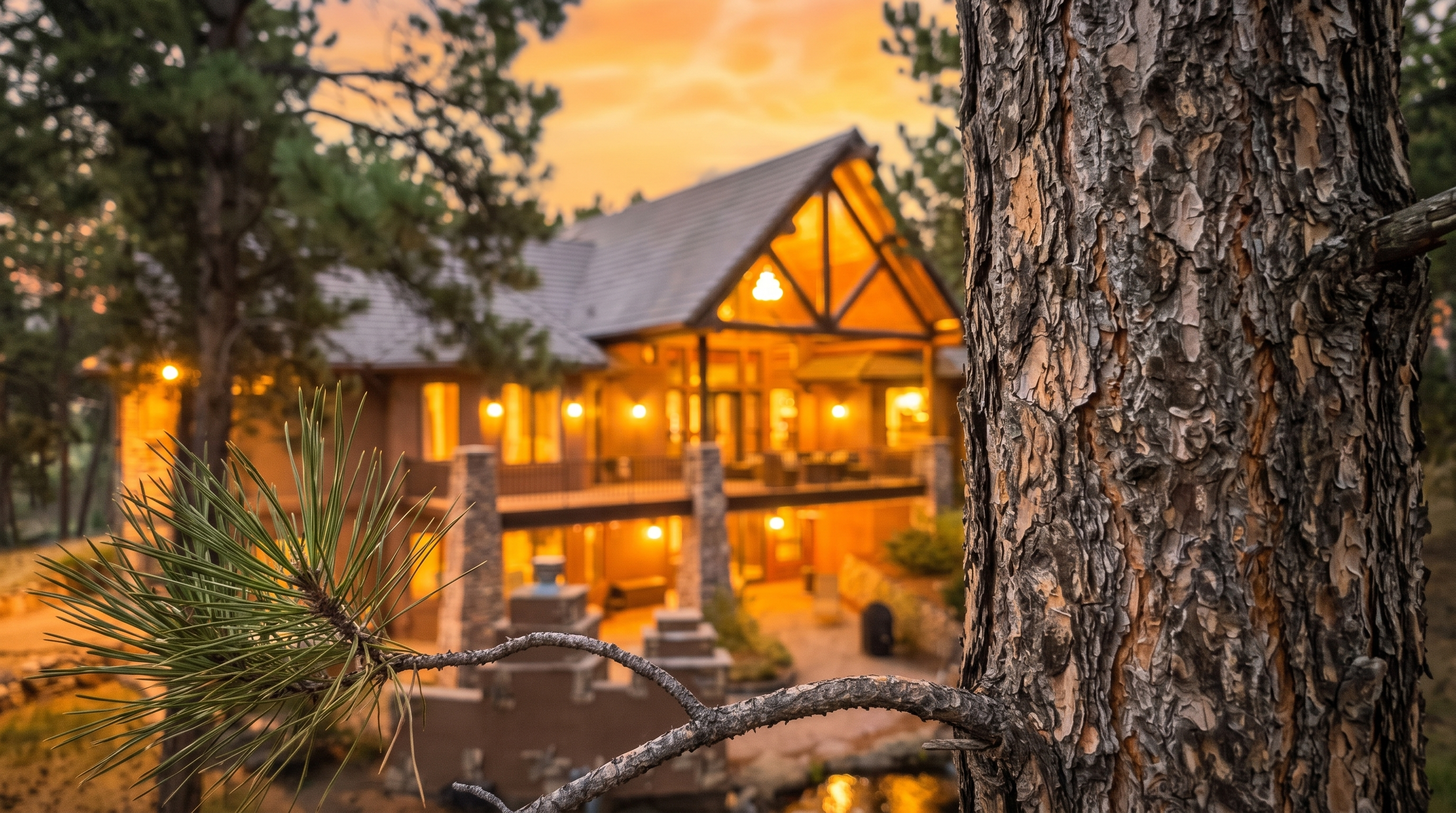 This image showcases a stunning luxury mountain home at twilight, captured through the frame of a pine tree. The residence features a rustic architectural style with stone accents, expansive decking, and warm interior lighting glowing through large windows. The golden sunset sky creates a serene and inviting atmosphere, highlighting the home's integration into its natural, forested surroundings.