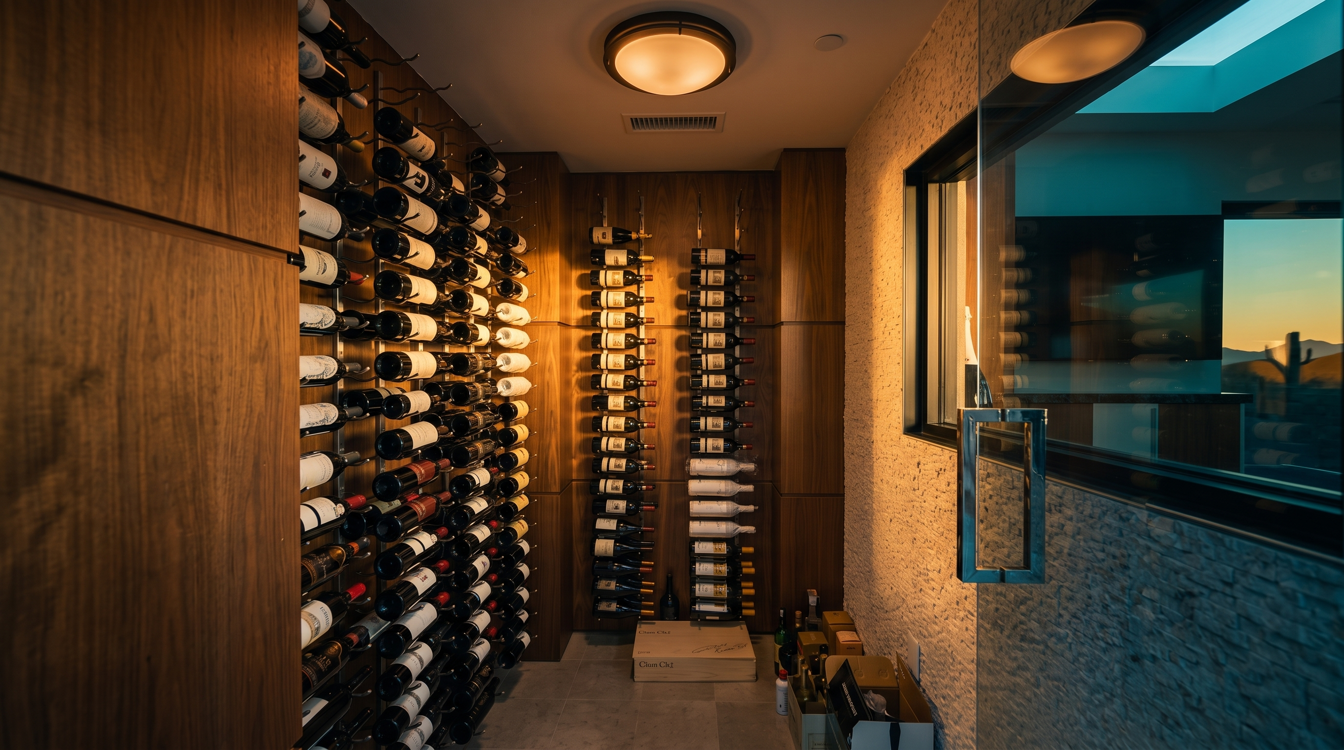 This sophisticated wine cellar features extensive custom wood racking systems lining the walls, designed to showcase a large collection of bottles. The space is finished with neutral stone flooring and a textured wall treatment, creating an elegant and climate-controlled atmosphere. A glass door entry provides a clear view into the organized storage area, which is illuminated by recessed ceiling lighting.