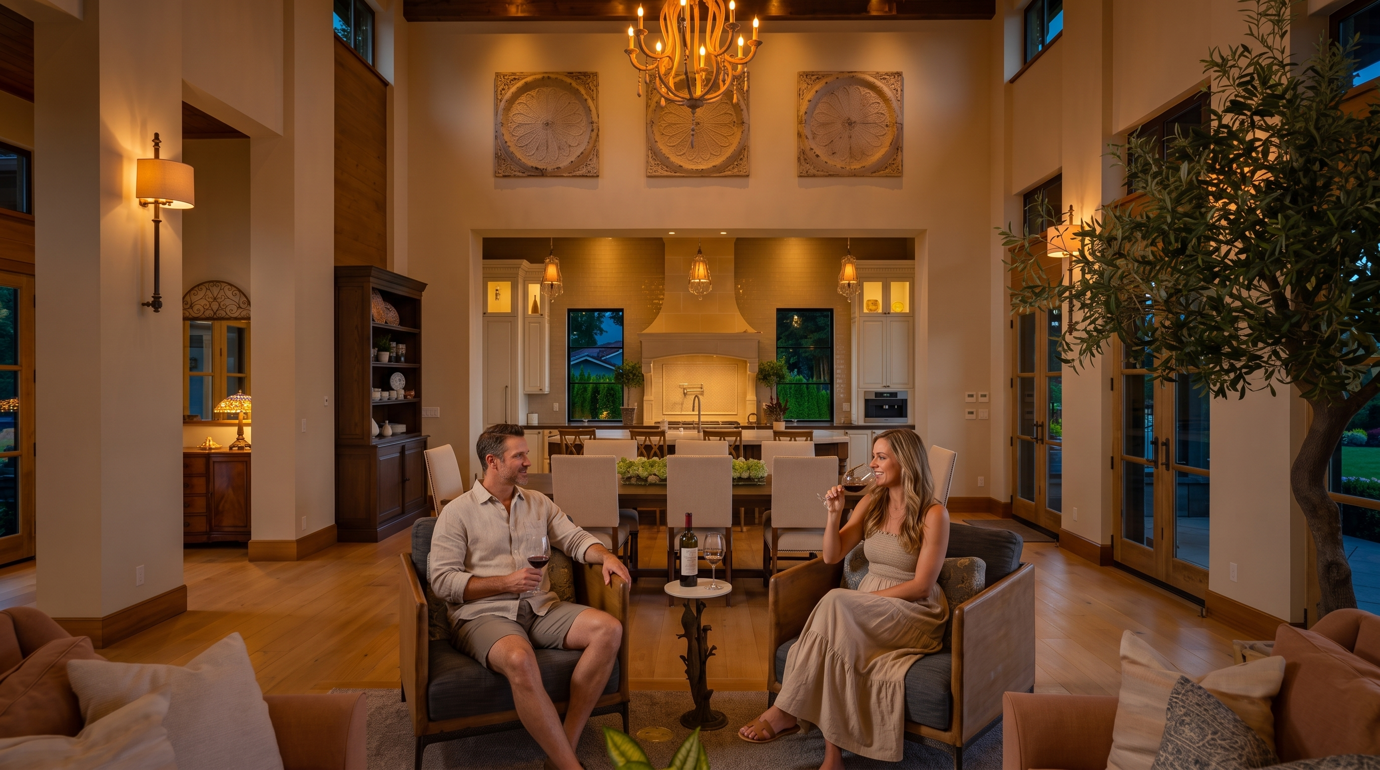 This expansive open-concept living space features a high, vaulted ceiling with exposed wood beams and a grand chandelier. The room transitions seamlessly from a comfortable seating area with two armchairs into a formal dining space and a bright, well-appointed kitchen in the background. Large windows and glass doors allow for abundant natural light, creating an airy and sophisticated atmosphere suitable for luxury living.