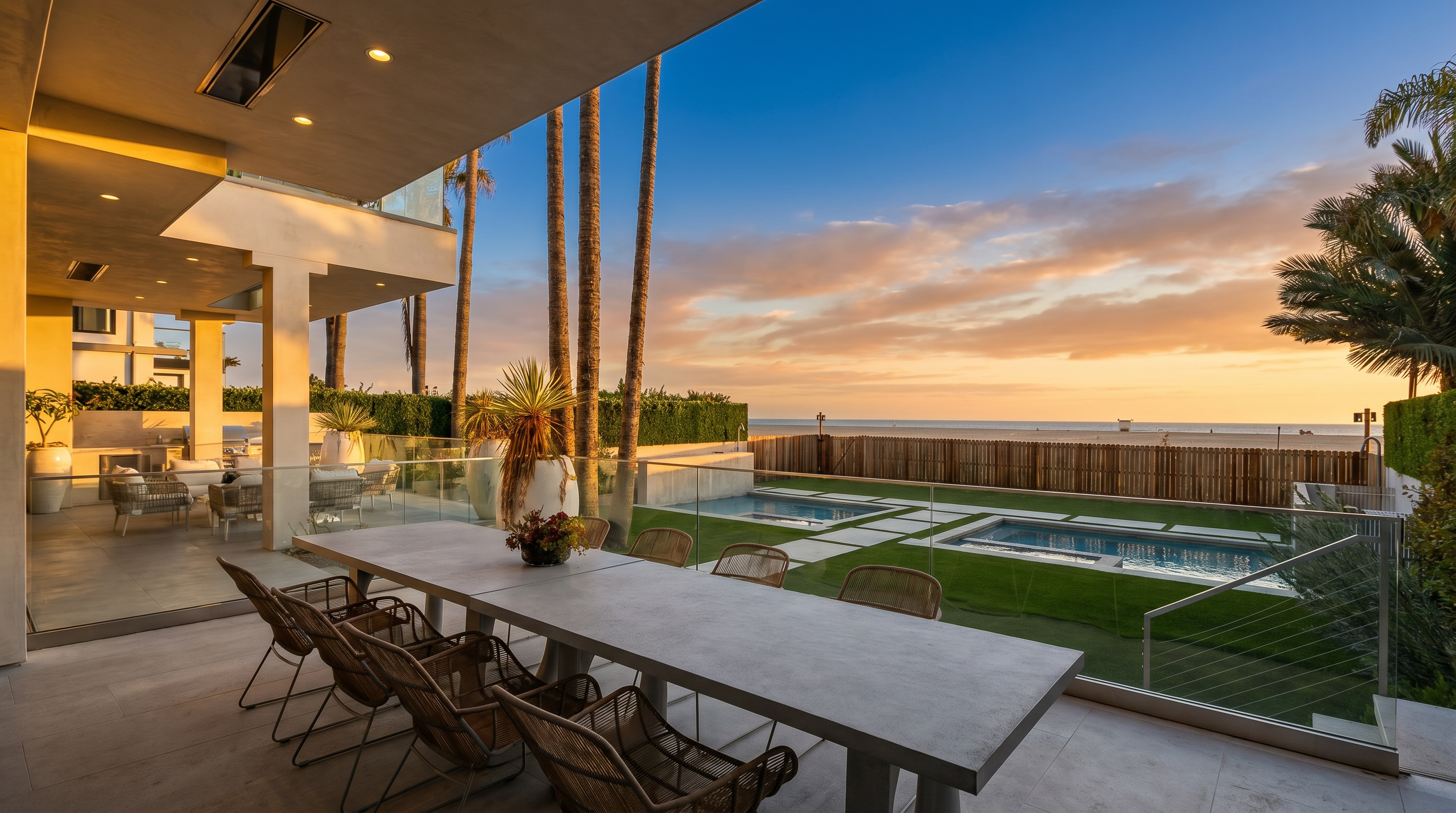 This expansive covered patio offers a seamless transition to an outdoor living space featuring a swimming pool and spa overlooking the beach. The area is furnished with a long dining table and woven chairs, providing an ideal setting for al fresco dining with panoramic ocean views. The modern design incorporates glass railings and clean lines, emphasizing the connection between the home and the coastal landscape.